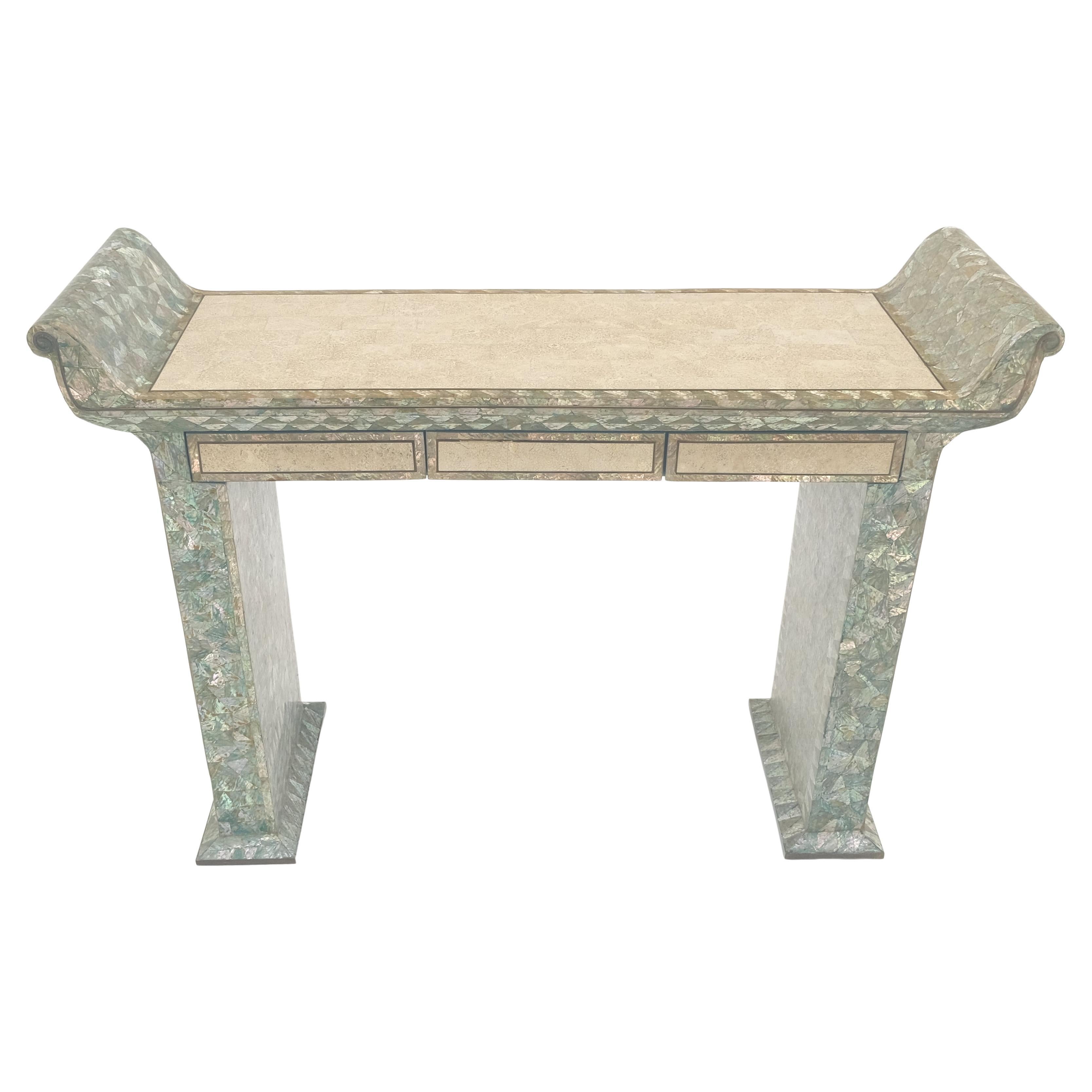 Fine Tessellated Stone Tile Mother of Pearl Rolled Edges 3 Drawers Console Table For Sale