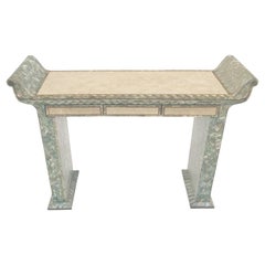 Fine Tessellated Stone Tile Mother of Pearl Rolled Edges 3 Drawers Console Table