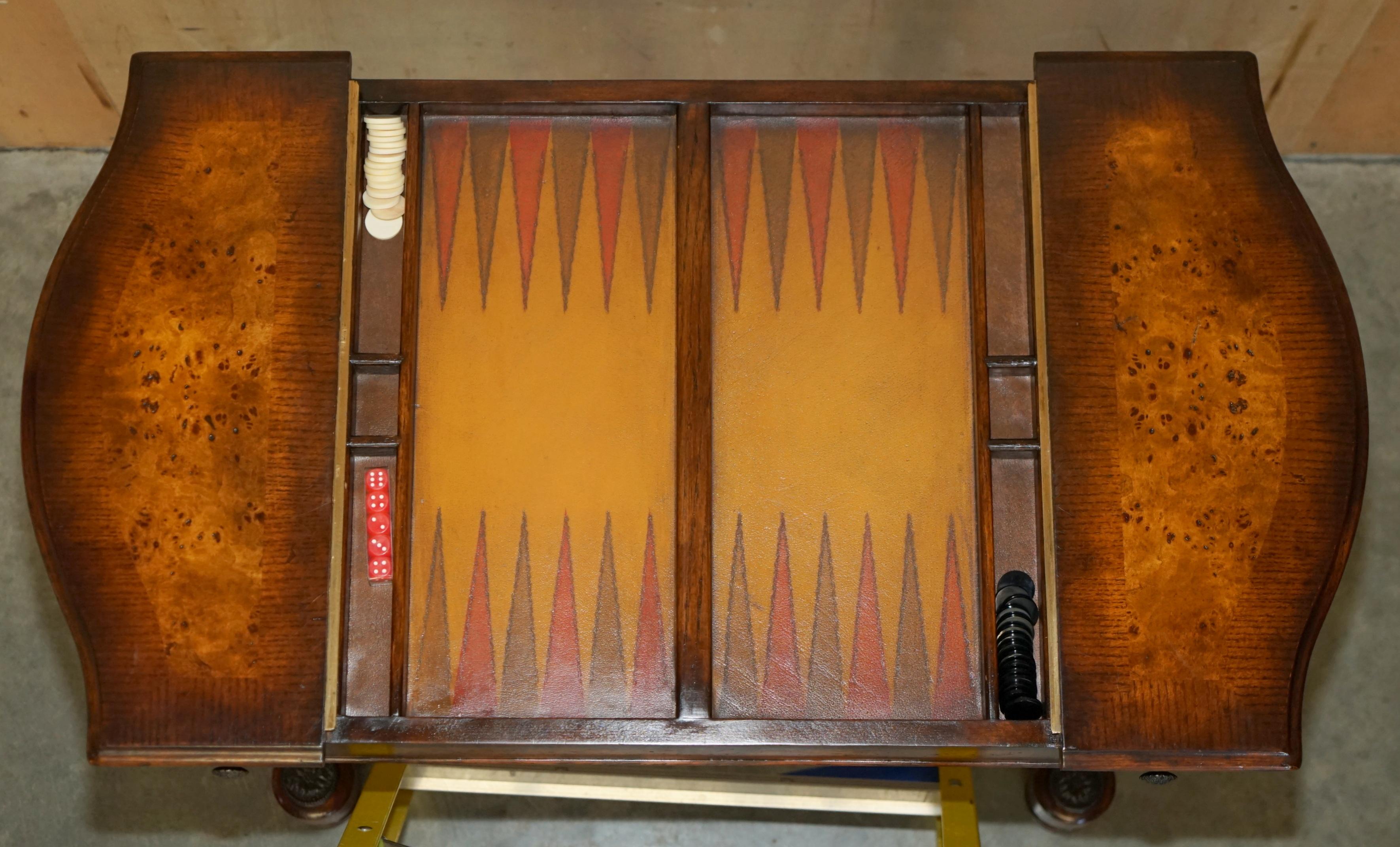 FiNE THEODORE ALEXANDER BURR WALNUT & LEATHER CHESS BACKGAMMON CARDS GAMES TABLE For Sale 5