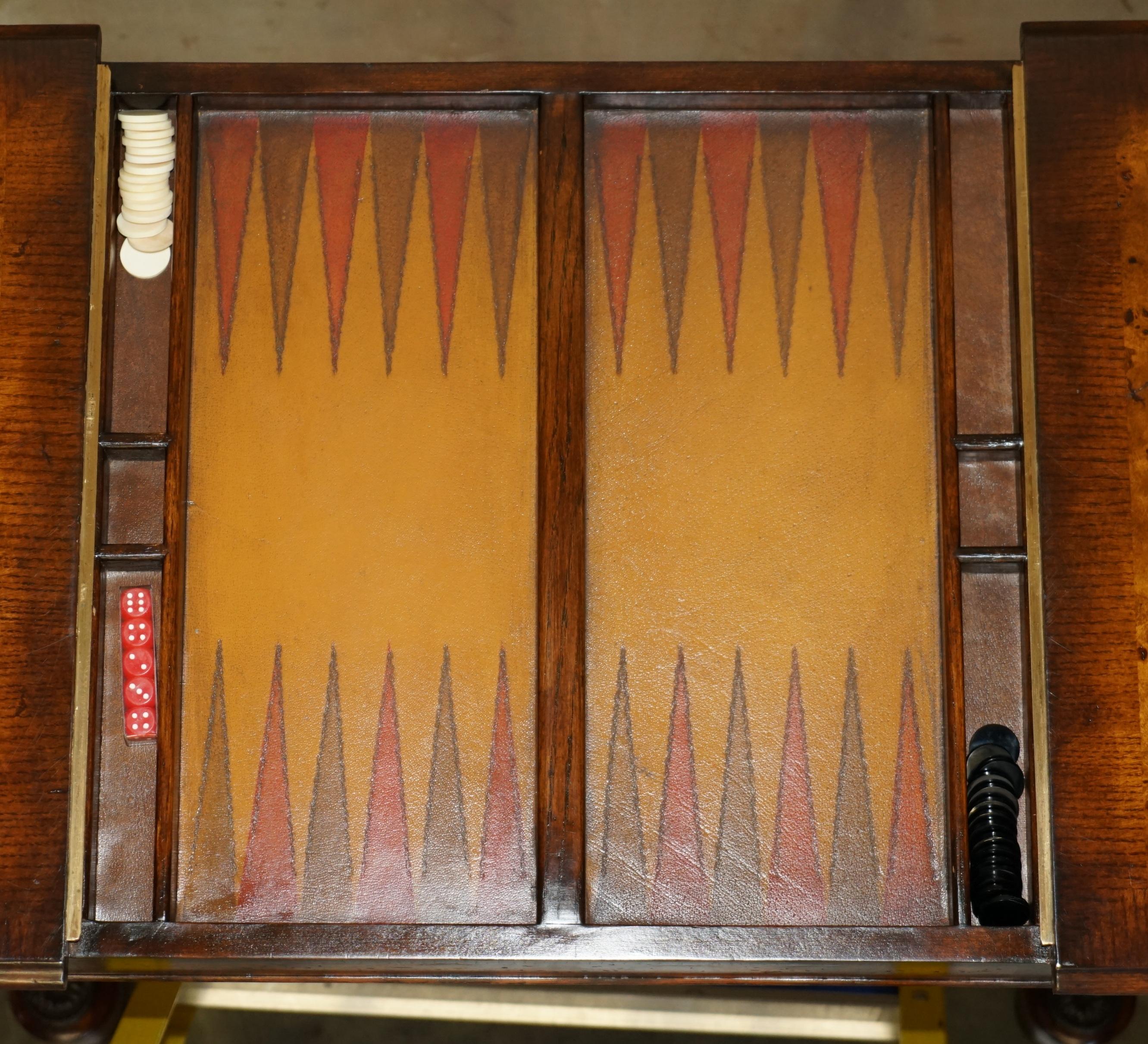 FiNE THEODORE ALEXANDER BURR WALNUT & LEATHER CHESS BACKGAMMON CARDS GAMES TABLE For Sale 6