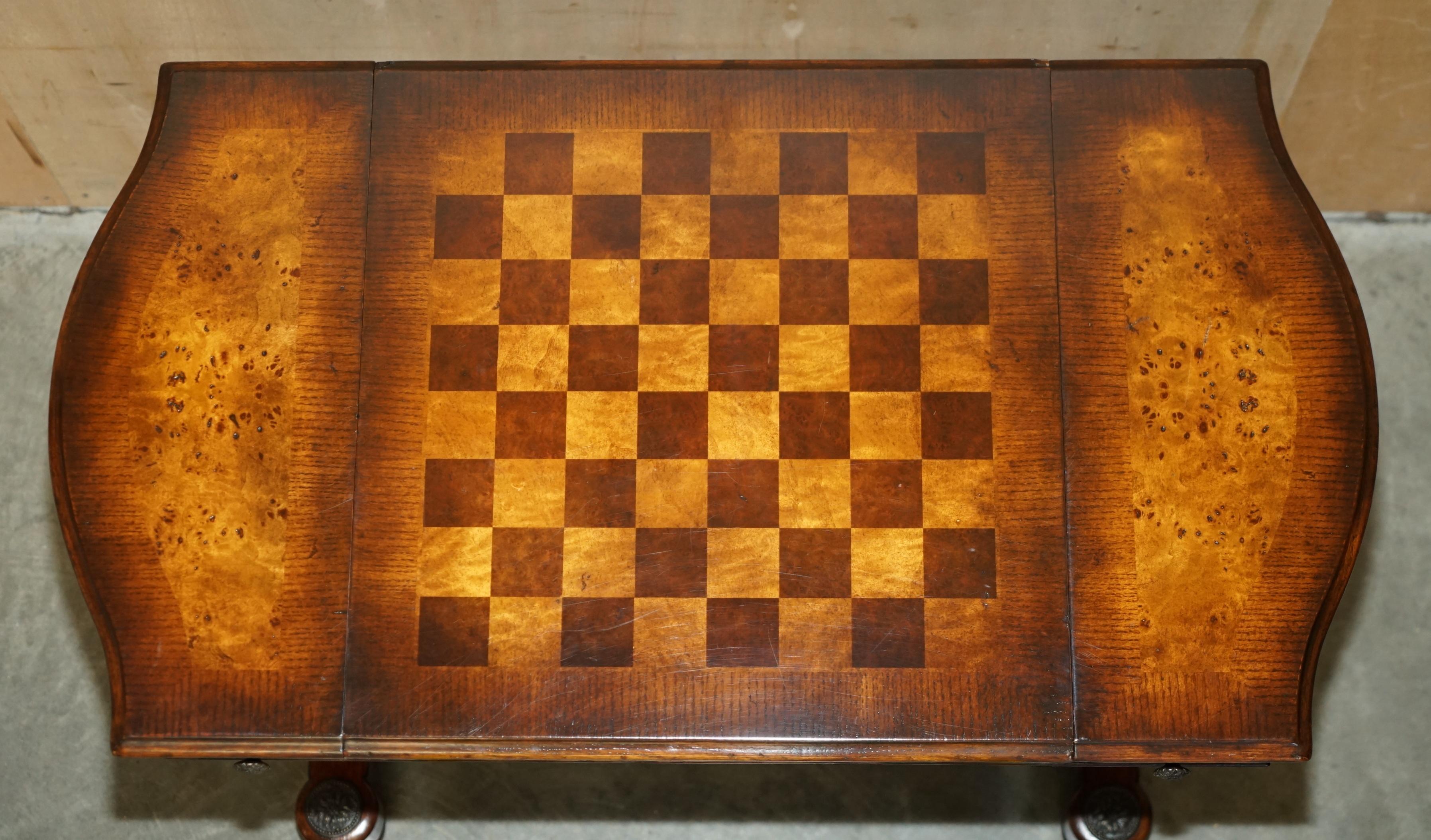 Leather FiNE THEODORE ALEXANDER BURR WALNUT & LEATHER CHESS BACKGAMMON CARDS GAMES TABLE For Sale