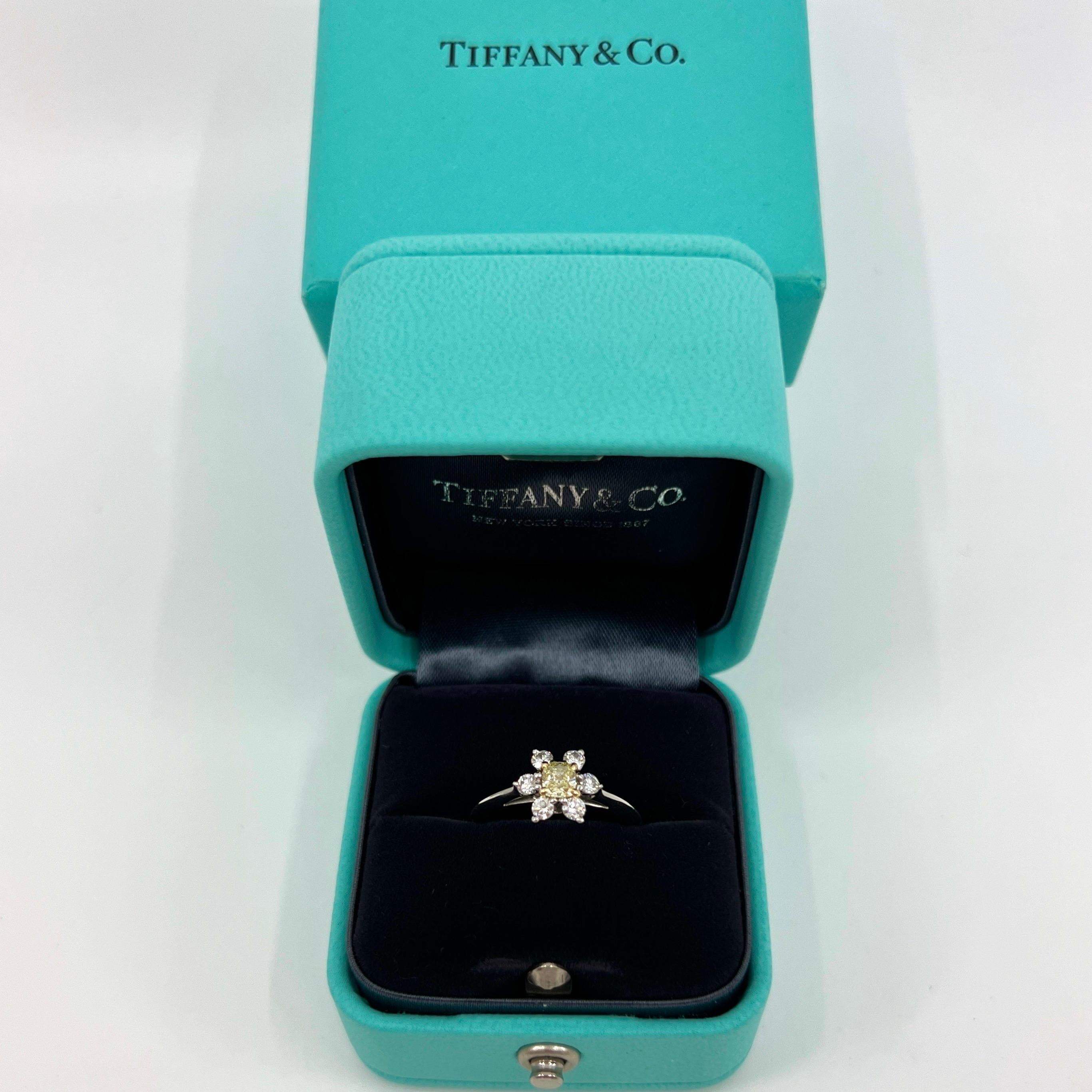 Cushion Cut Fine Tiffany & Co. Fancy Yellow Diamond 18k Gold Platinum Buttercup Cluster Ring For Sale