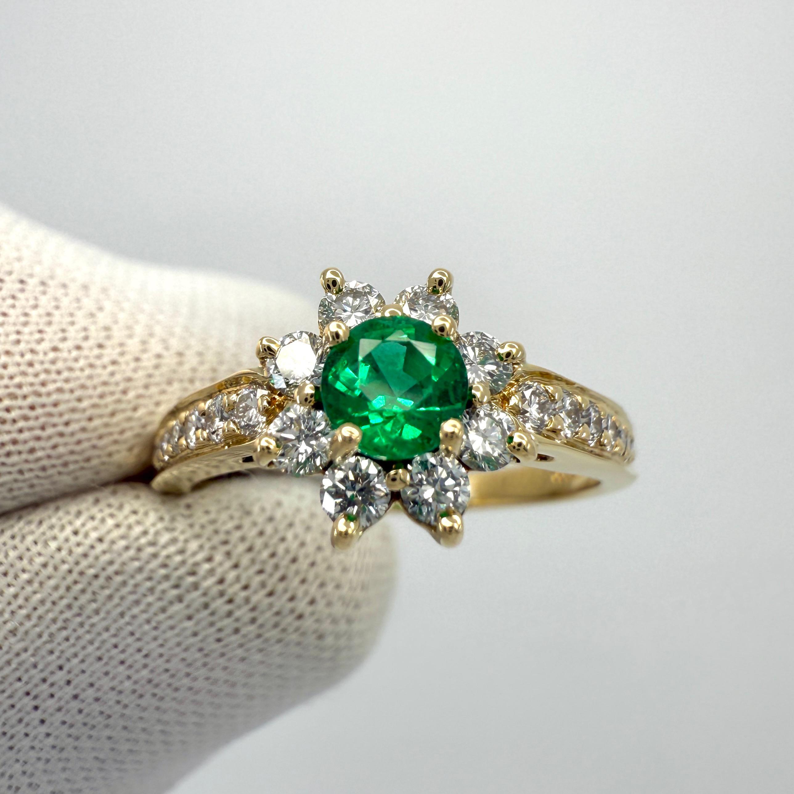 Round Cut Fine Tiffany & Co. Round Emerald & Diamond Flower 18k Yellow Gold Cluster Ring For Sale