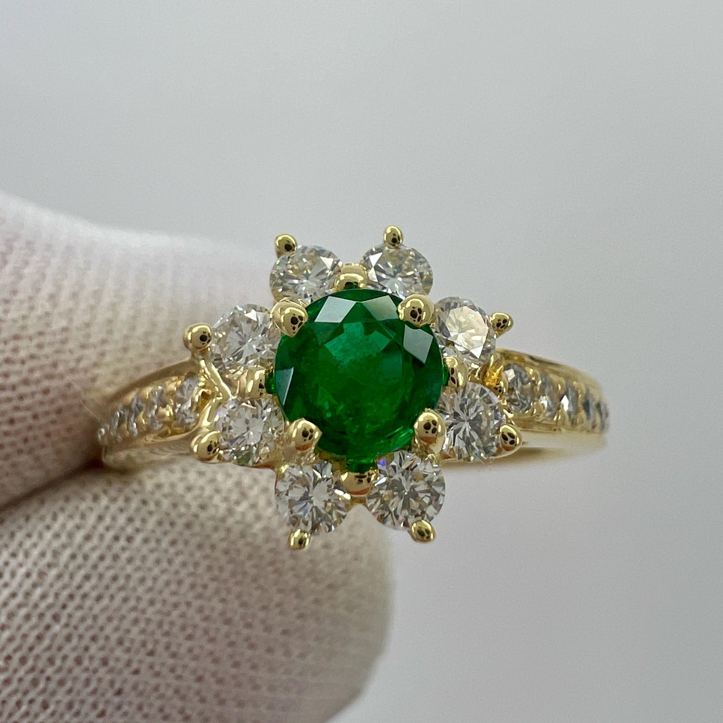 Women's Fine Tiffany & Co. Round Emerald & Diamond Flower 18k Yellow Gold Cluster Ring For Sale