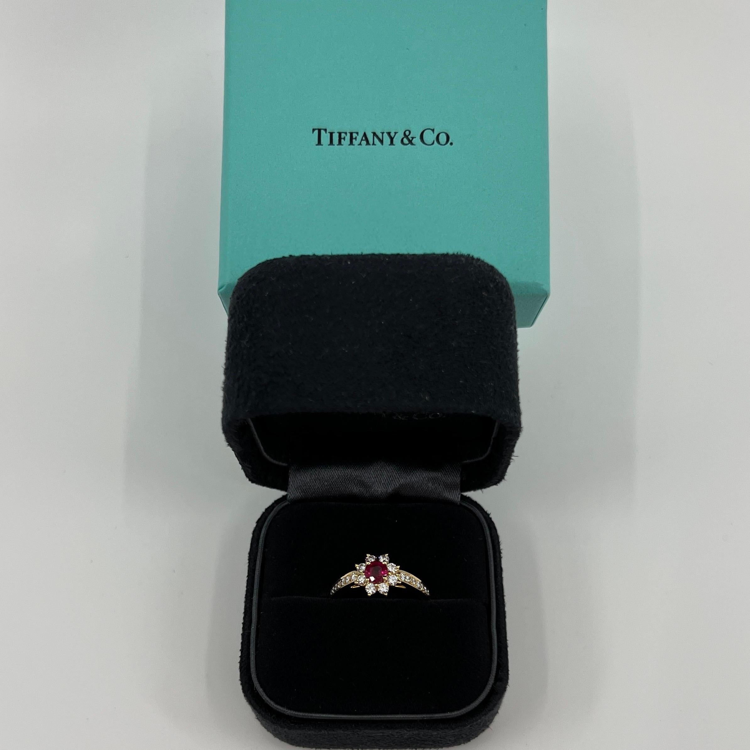 Fine Tiffany & Co. Vivid Red Ruby & Diamond Flower 18k Yellow Gold Cluster Ring 5