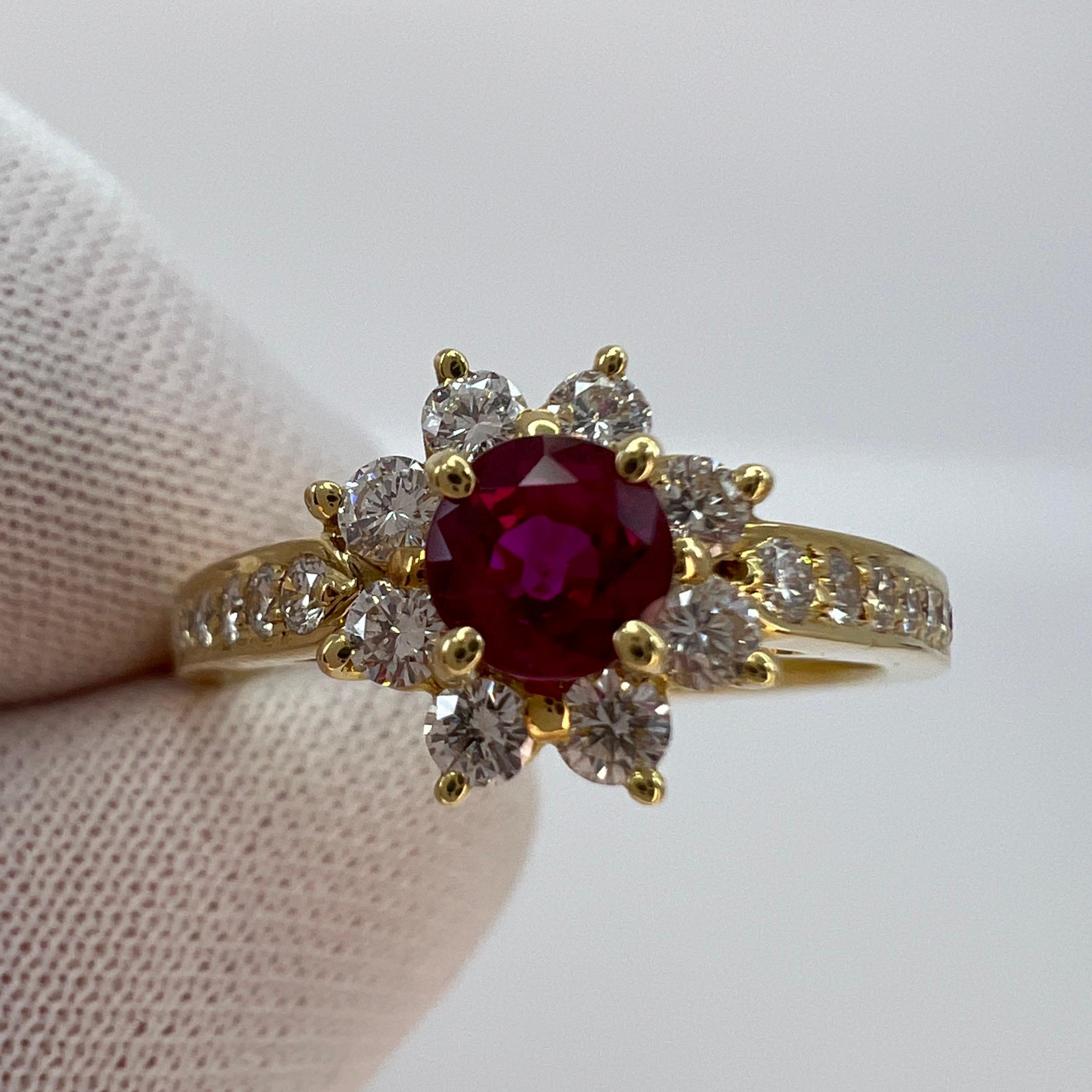 Fine Tiffany & Co. Vivid Red Ruby & Diamond Flower 18k Yellow Gold Cluster Ring 9