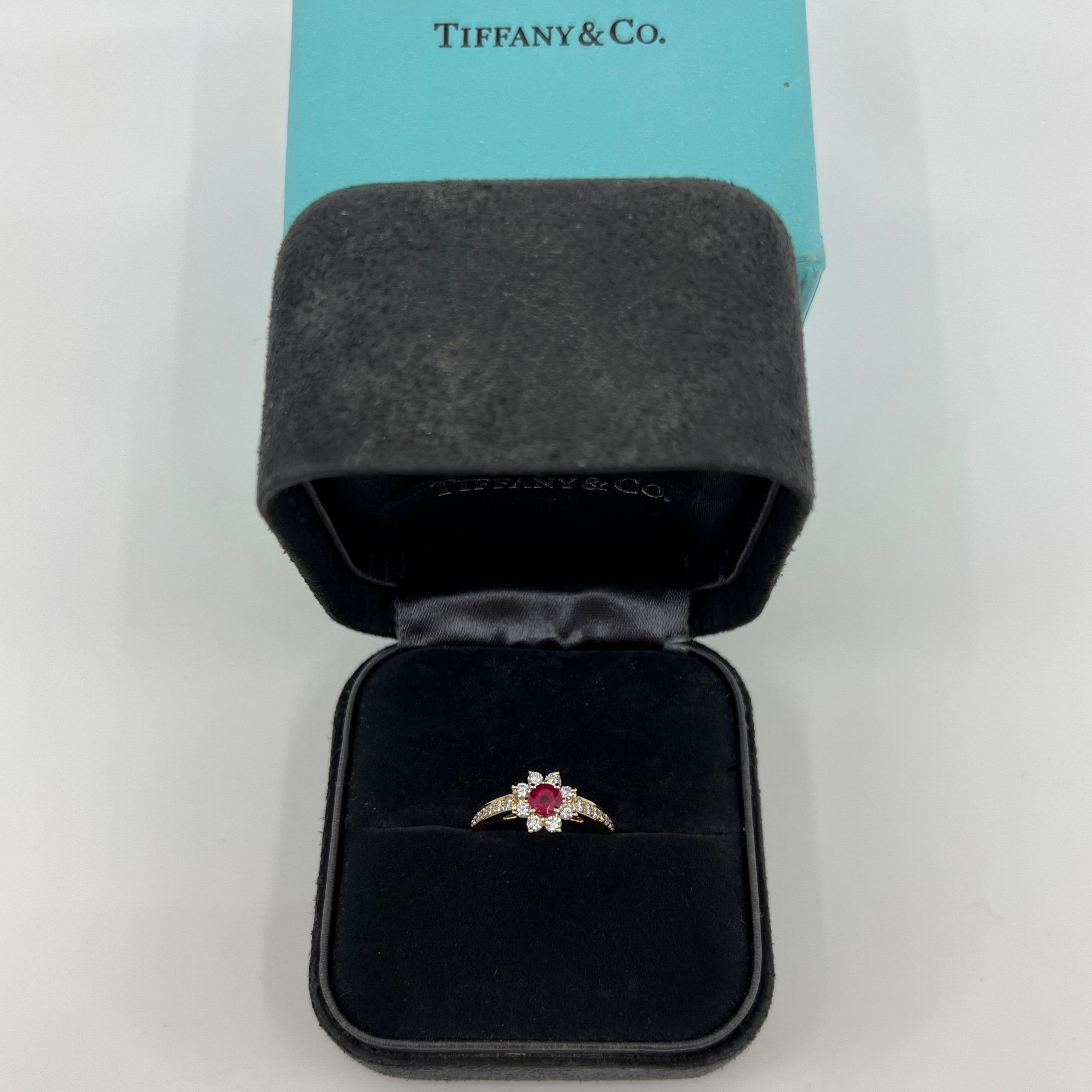 Round Cut Fine Tiffany & Co. Vivid Red Ruby & Diamond Flower 18k Yellow Gold Cluster Ring For Sale