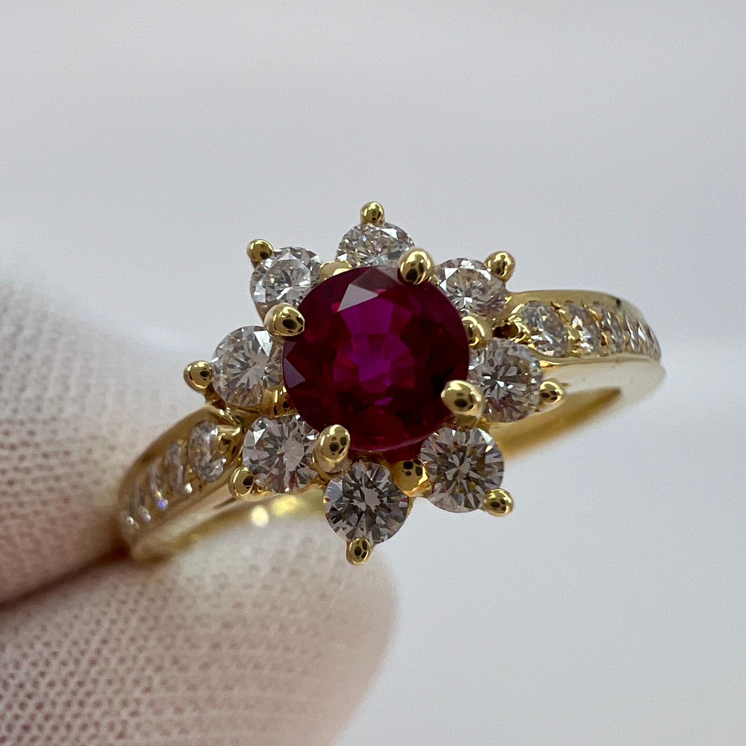Round Cut Fine Tiffany & Co. Vivid Red Ruby & Diamond Flower 18k Yellow Gold Cluster Ring