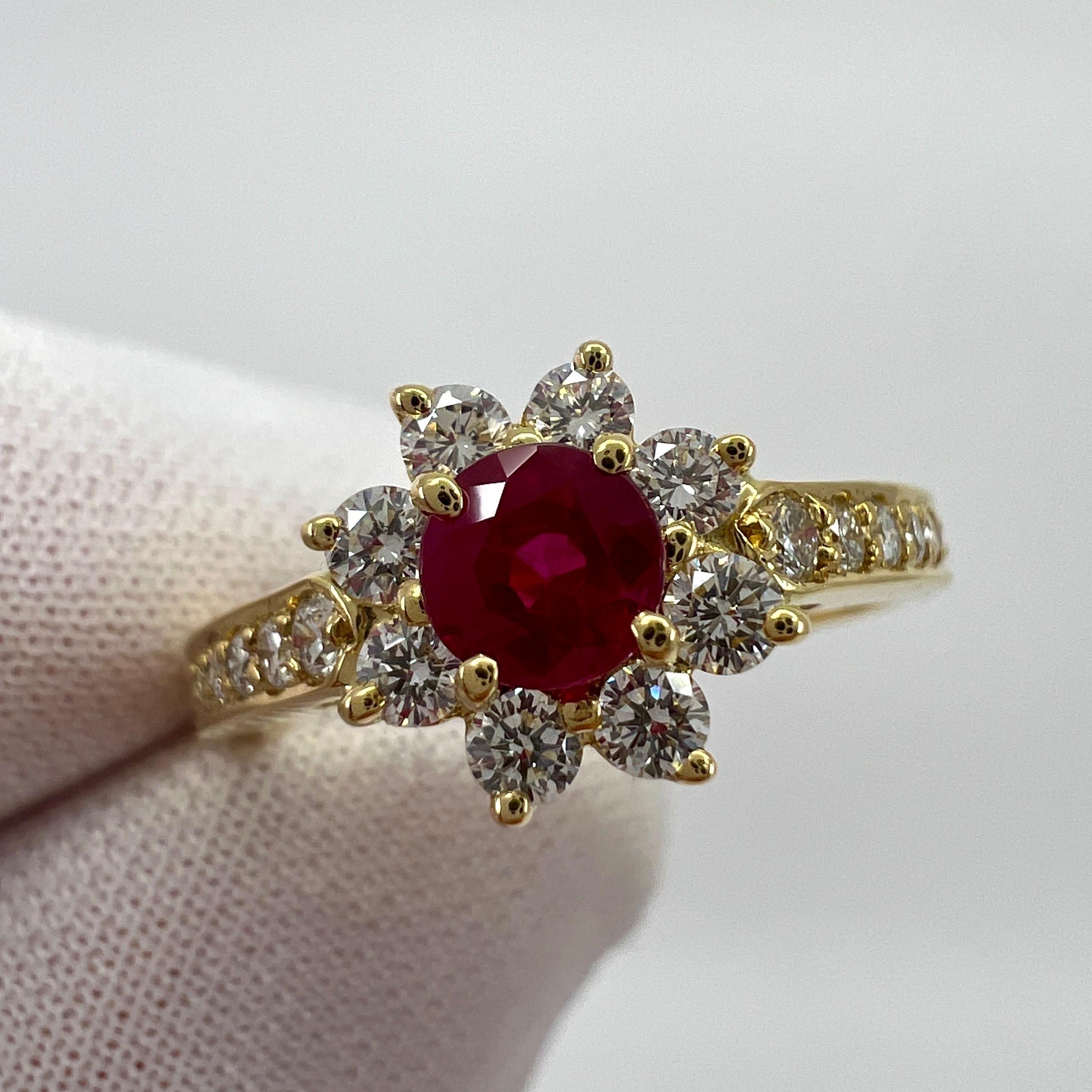 Round Cut Fine Tiffany & Co. Vivid Red Ruby & Diamond Flower 18k Yellow Gold Cluster Ring