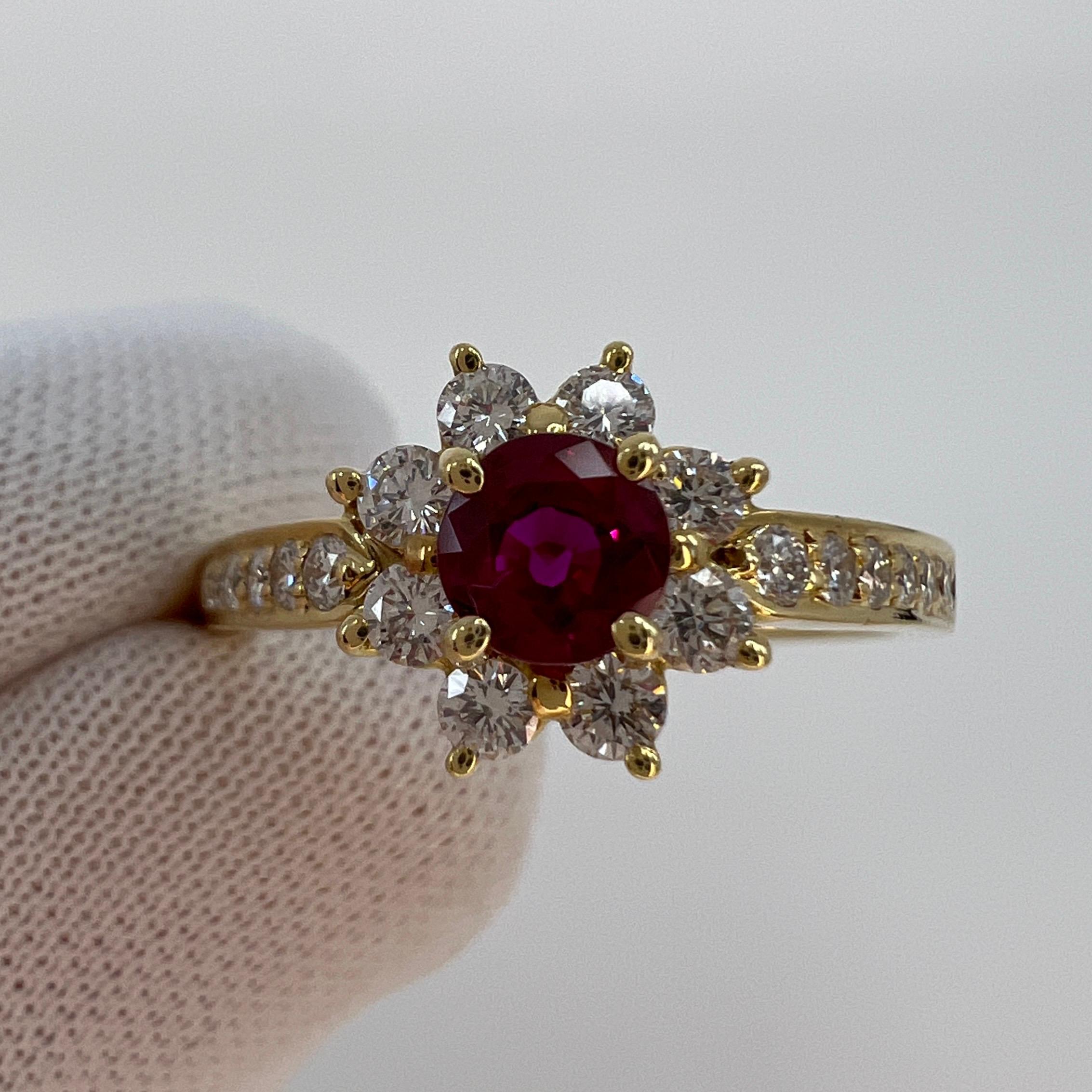 Fine Tiffany & Co. Vivid Red Ruby & Diamond Flower 18k Yellow Gold Cluster Ring In Excellent Condition In Birmingham, GB