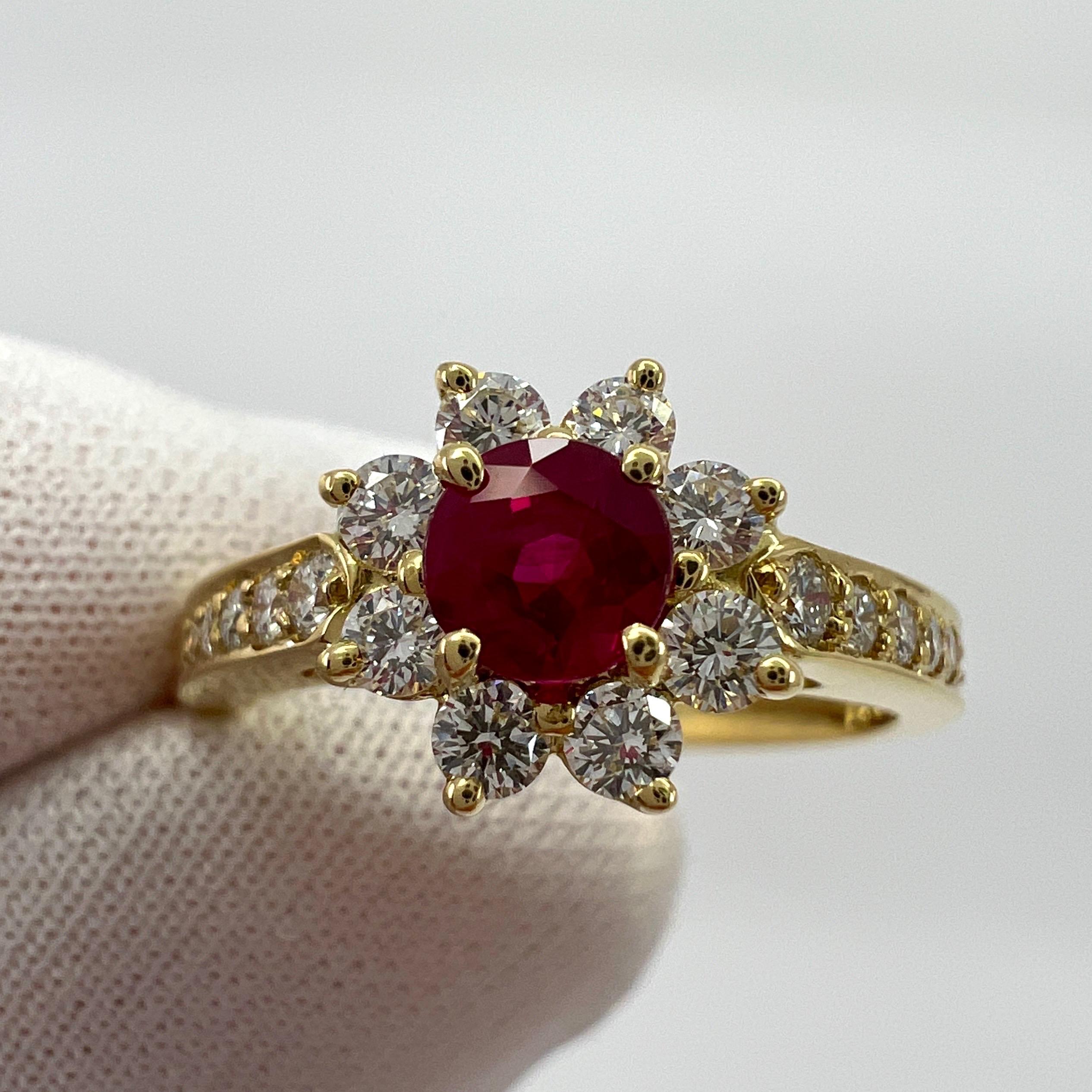 Fine Tiffany & Co. Vivid Red Ruby & Diamond Flower 18k Yellow Gold Cluster Ring In Excellent Condition In Birmingham, GB