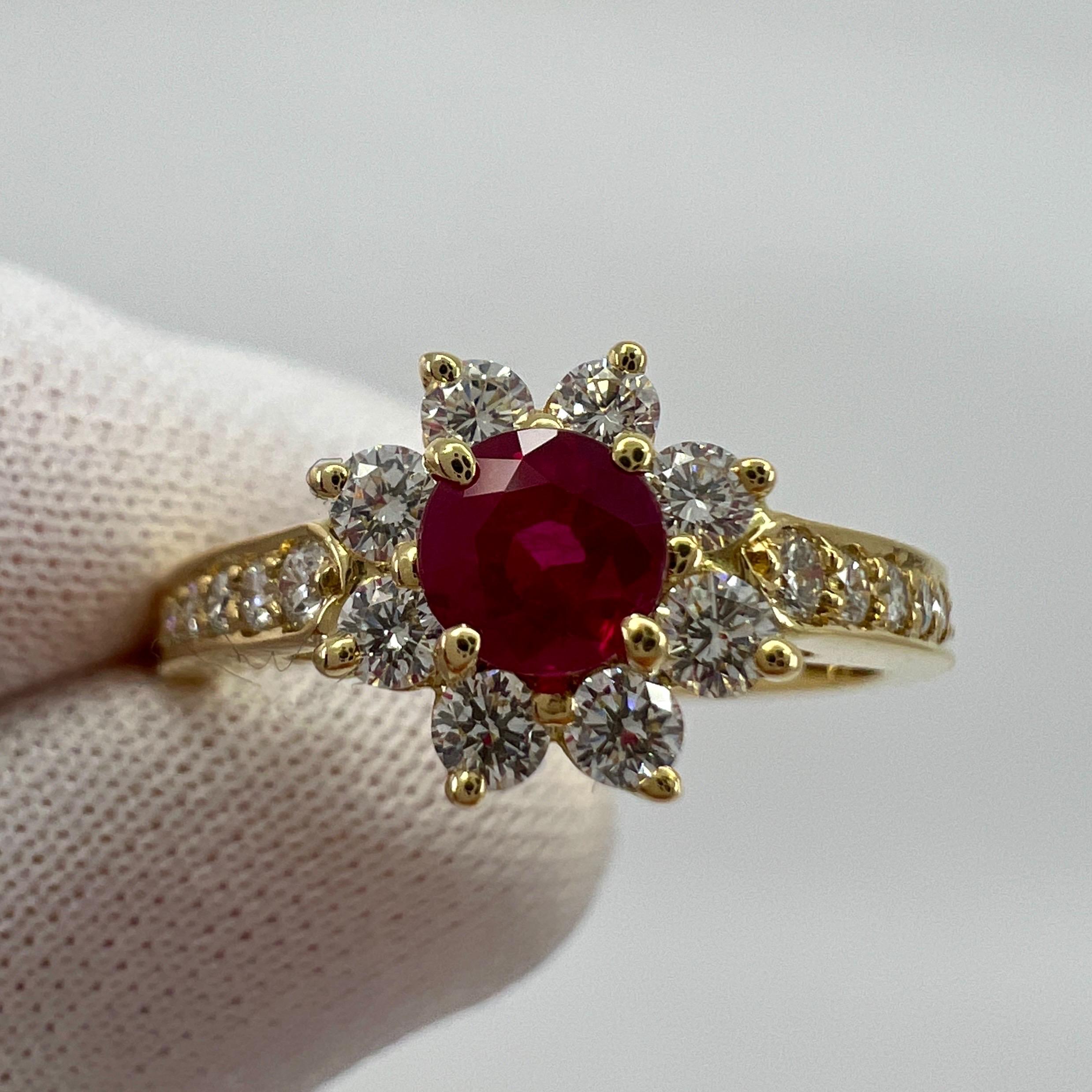 Fine Tiffany & Co. Vivid Red Ruby & Diamond Flower 18k Yellow Gold Cluster Ring For Sale 2
