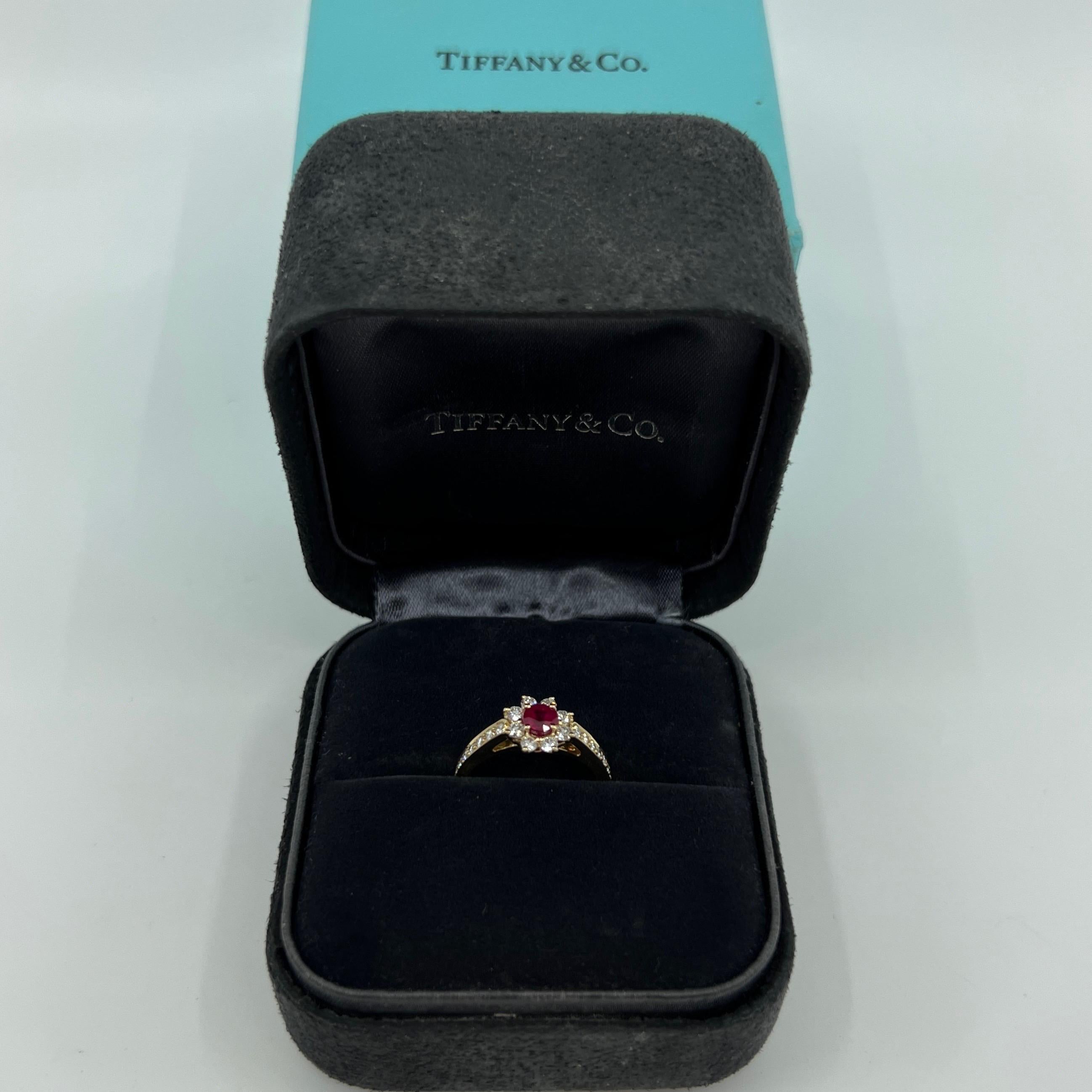 Fine Tiffany & Co. Vivid Red Ruby & Diamond Flower 18k Yellow Gold Cluster Ring For Sale 4
