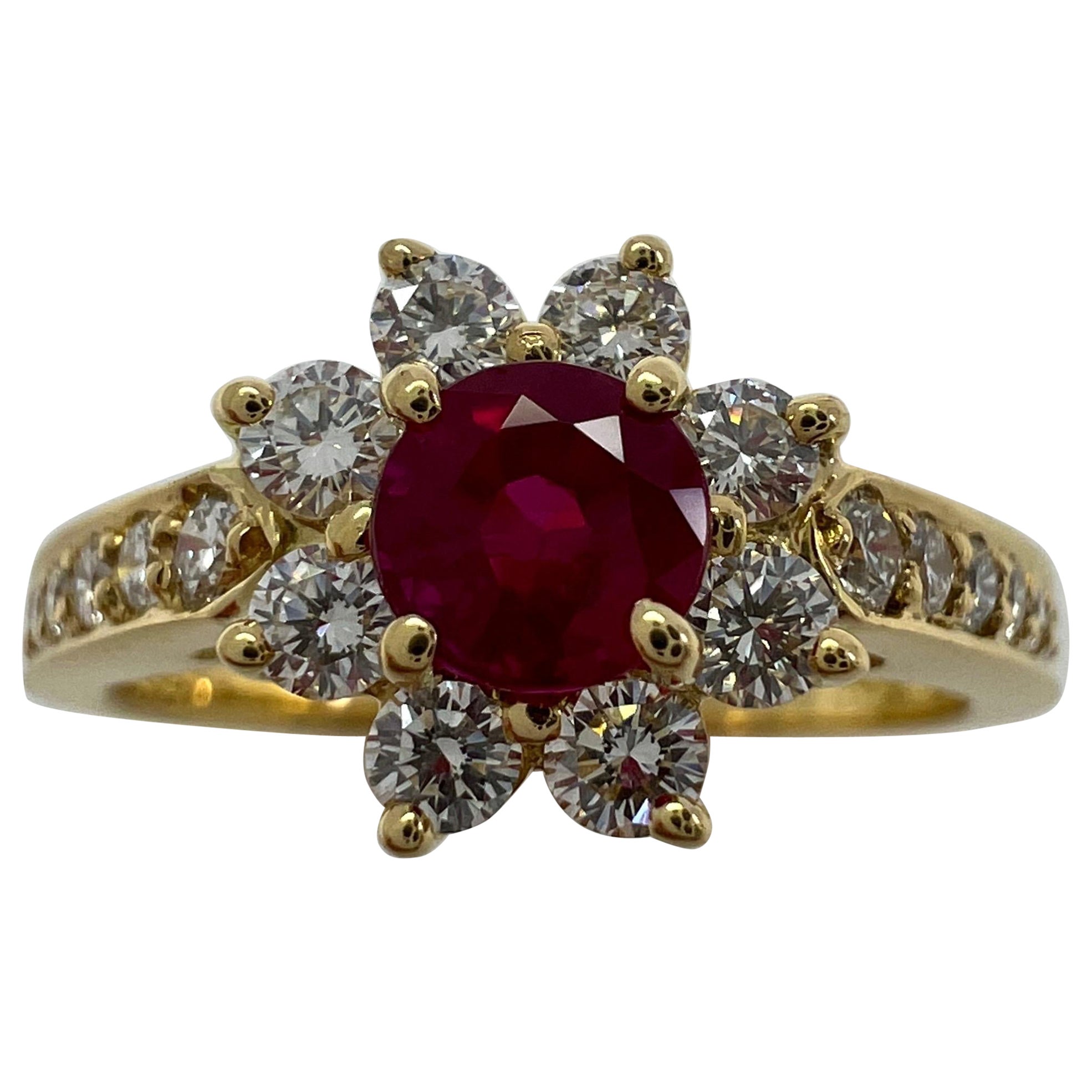Fine Tiffany & Co. Vivid Red Ruby & Diamond Flower 18k Yellow Gold Cluster Ring For Sale
