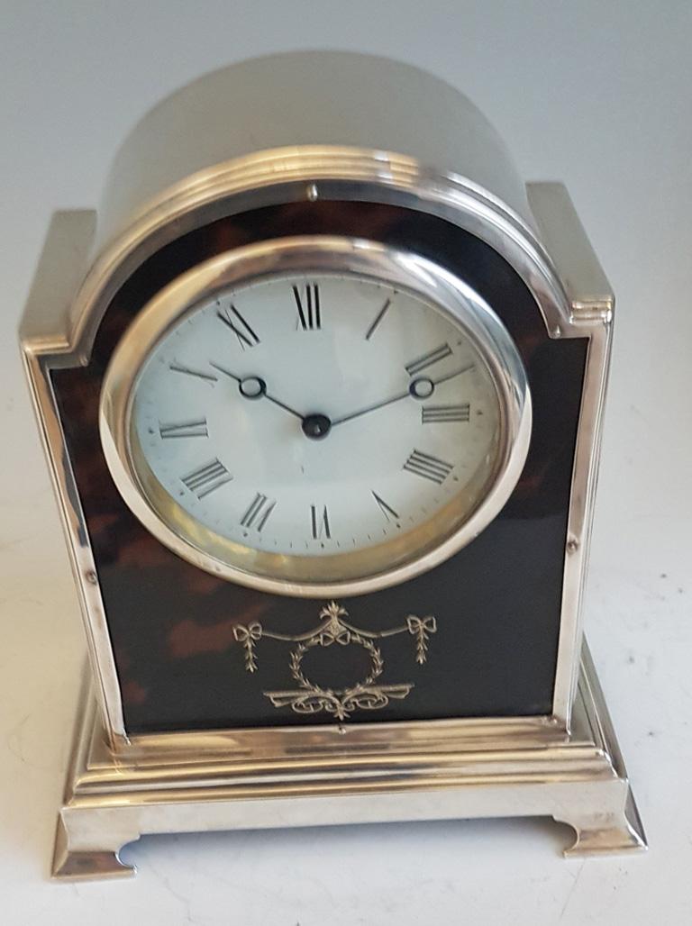 English Fine Tortoiseshell and Silver Pique Domed Topped Mantel Clock by Henry Matthews