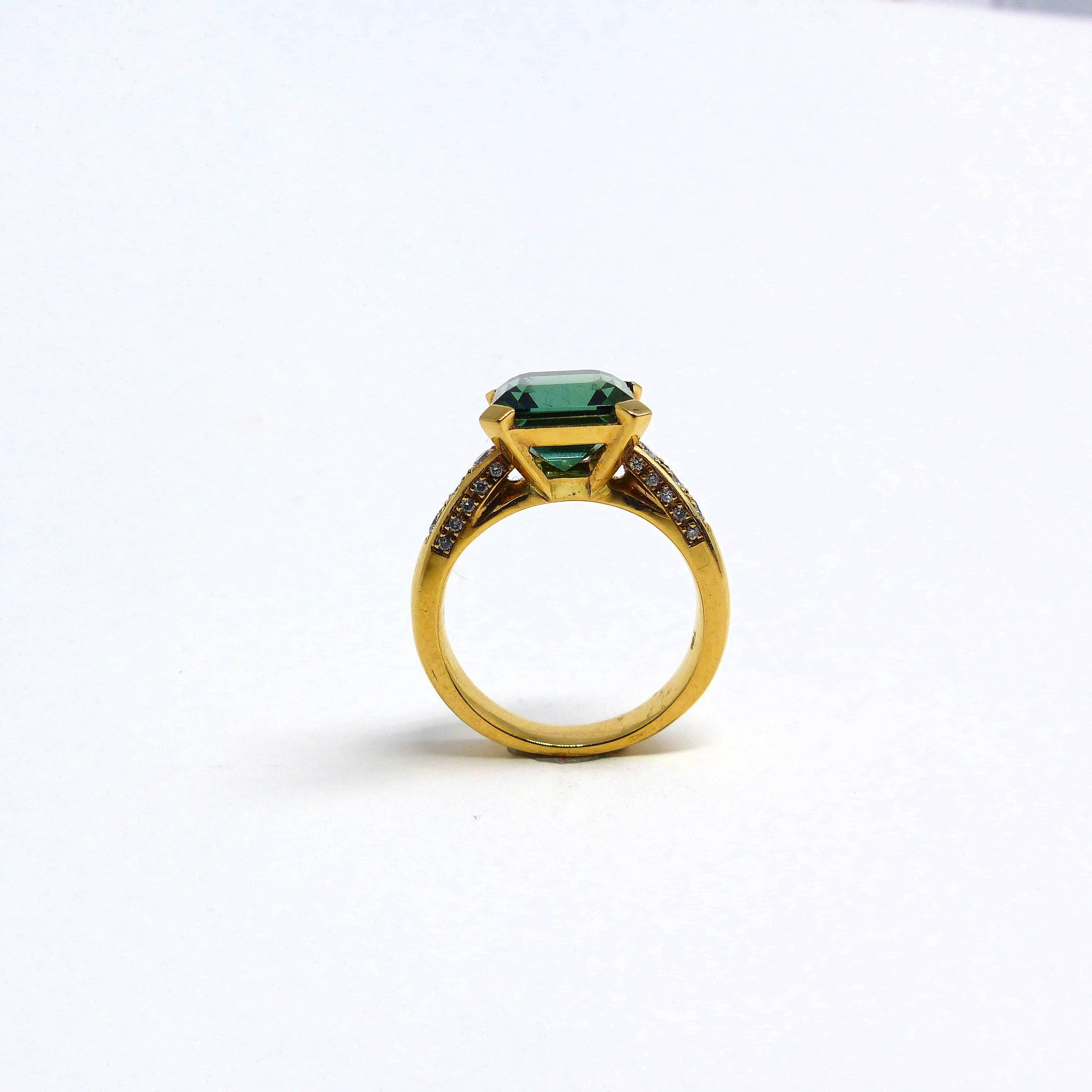 Emerald Cut Ring in Rose Gold with 1 Tourmaline and Diamonds. For Sale
