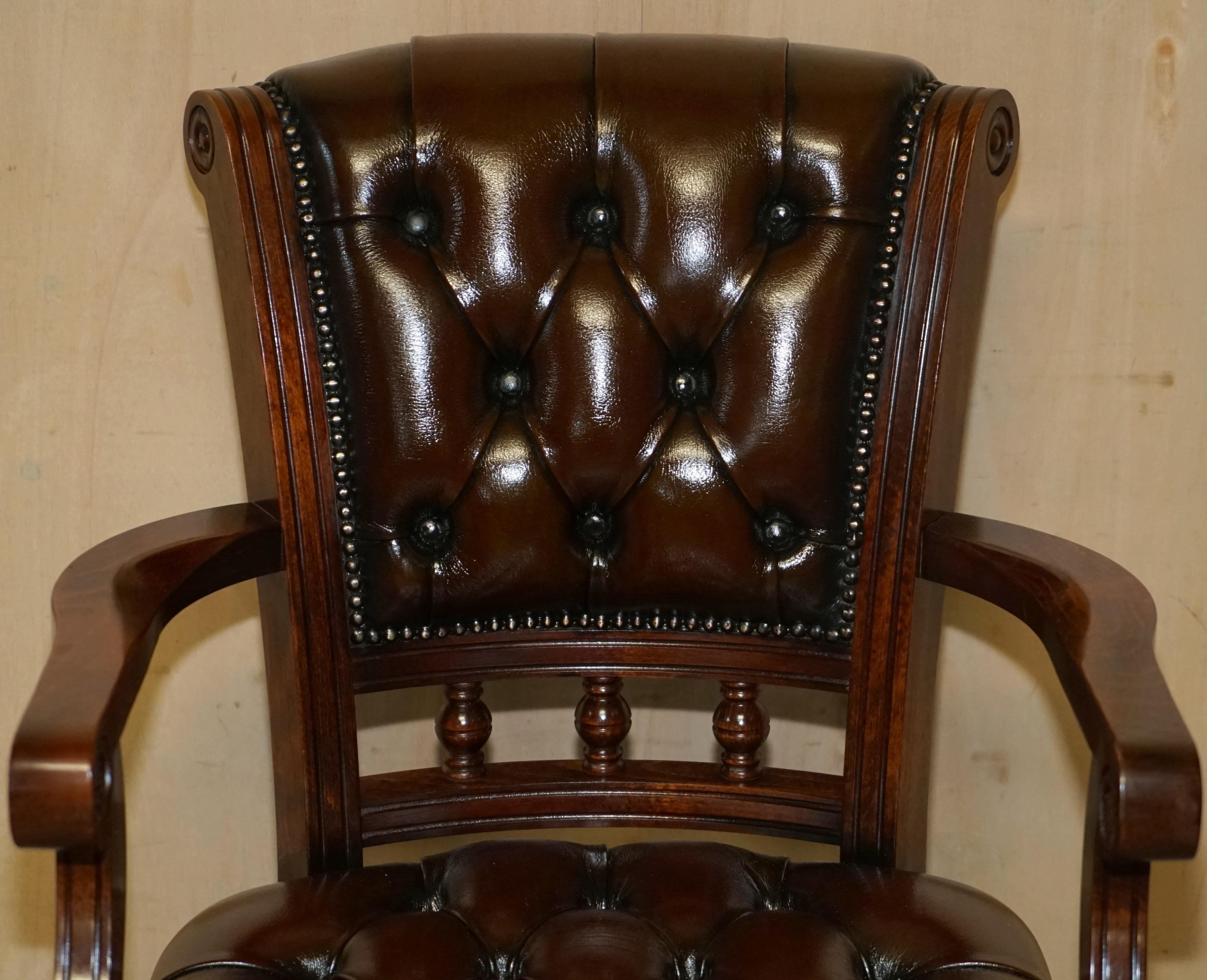 English Fine Traditional Restored Cigar Brown Leather Chesterfield Captains Armchair For Sale