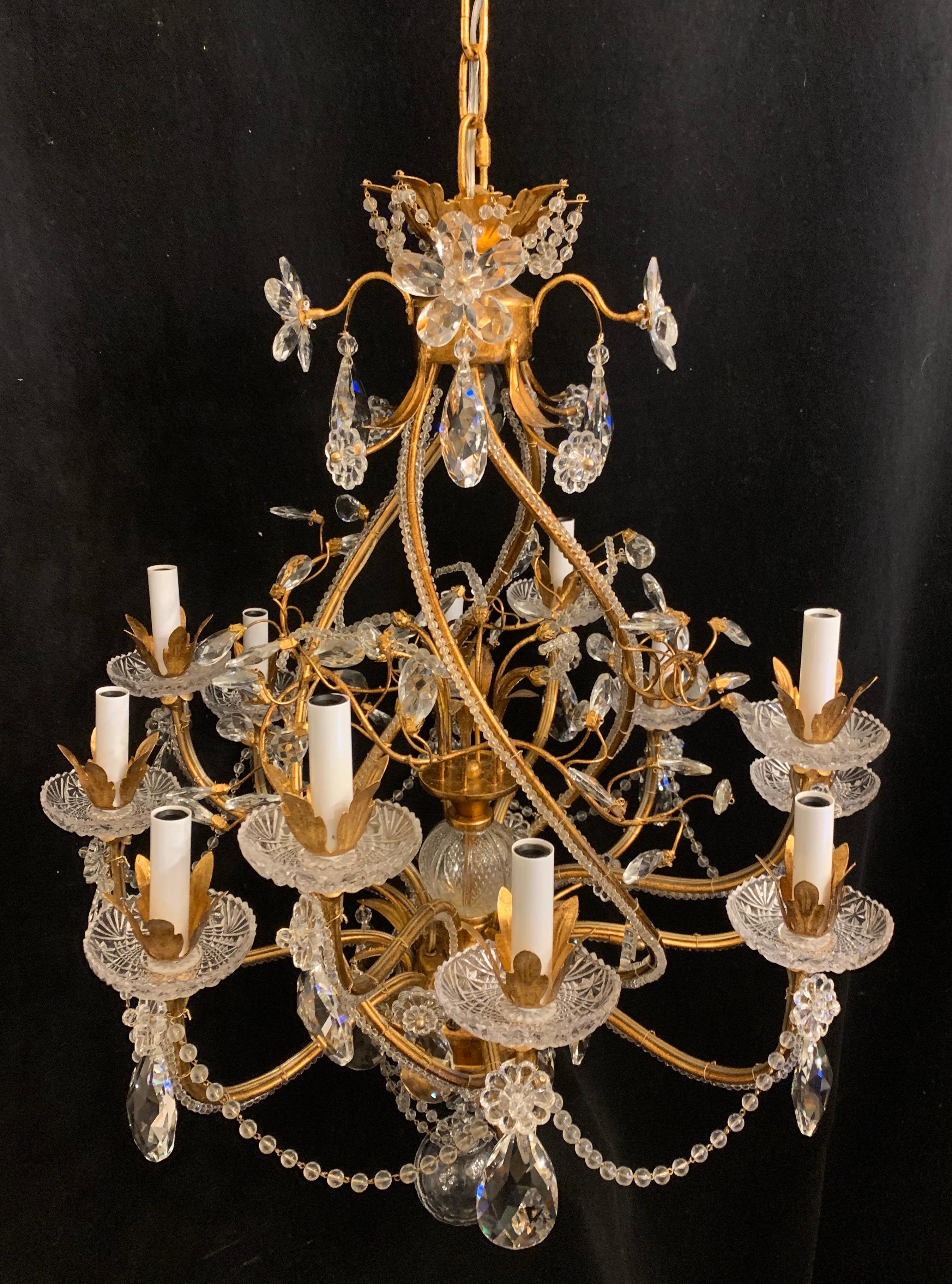 Mid-Century Modern Fine Transitional Baguès Jansen 12-Light Gilt Crystal Flower Spiral Chandelier For Sale