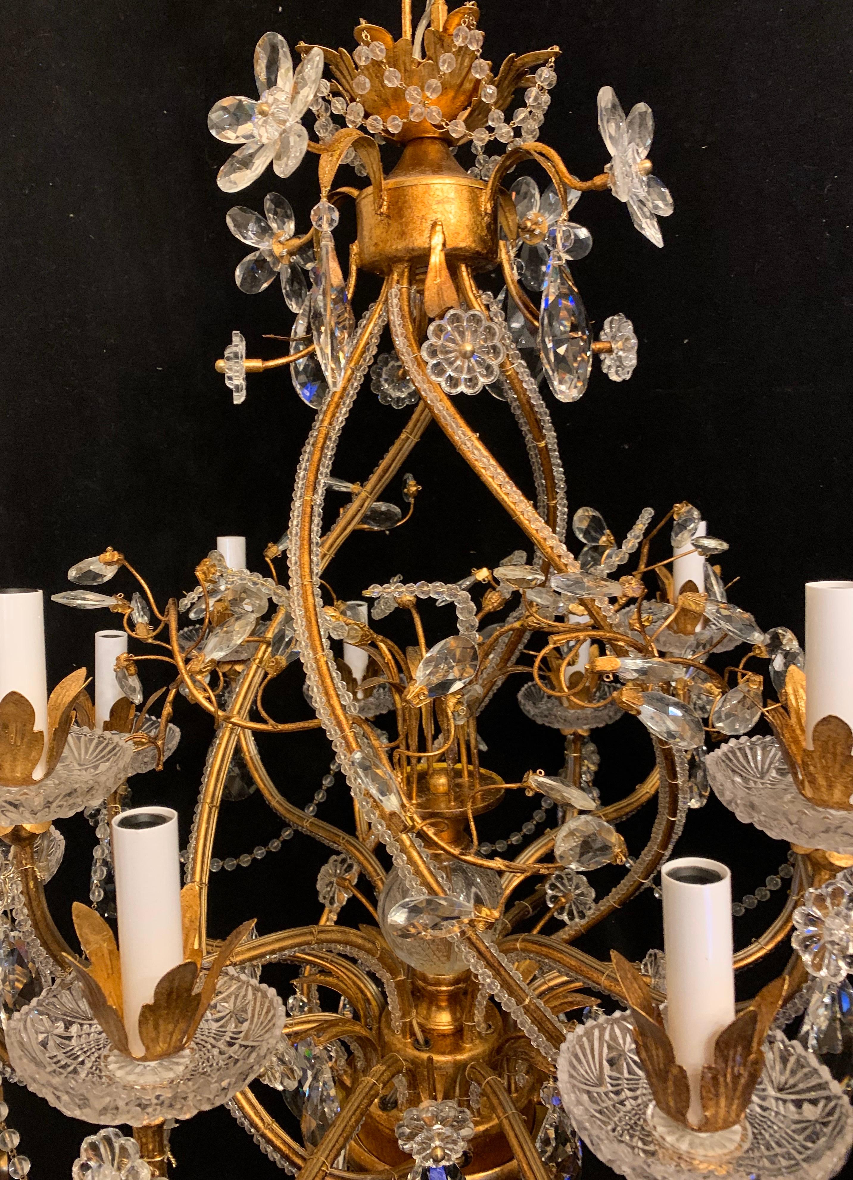 Italian Fine Transitional Baguès Jansen 12-Light Gilt Crystal Flower Spiral Chandelier For Sale