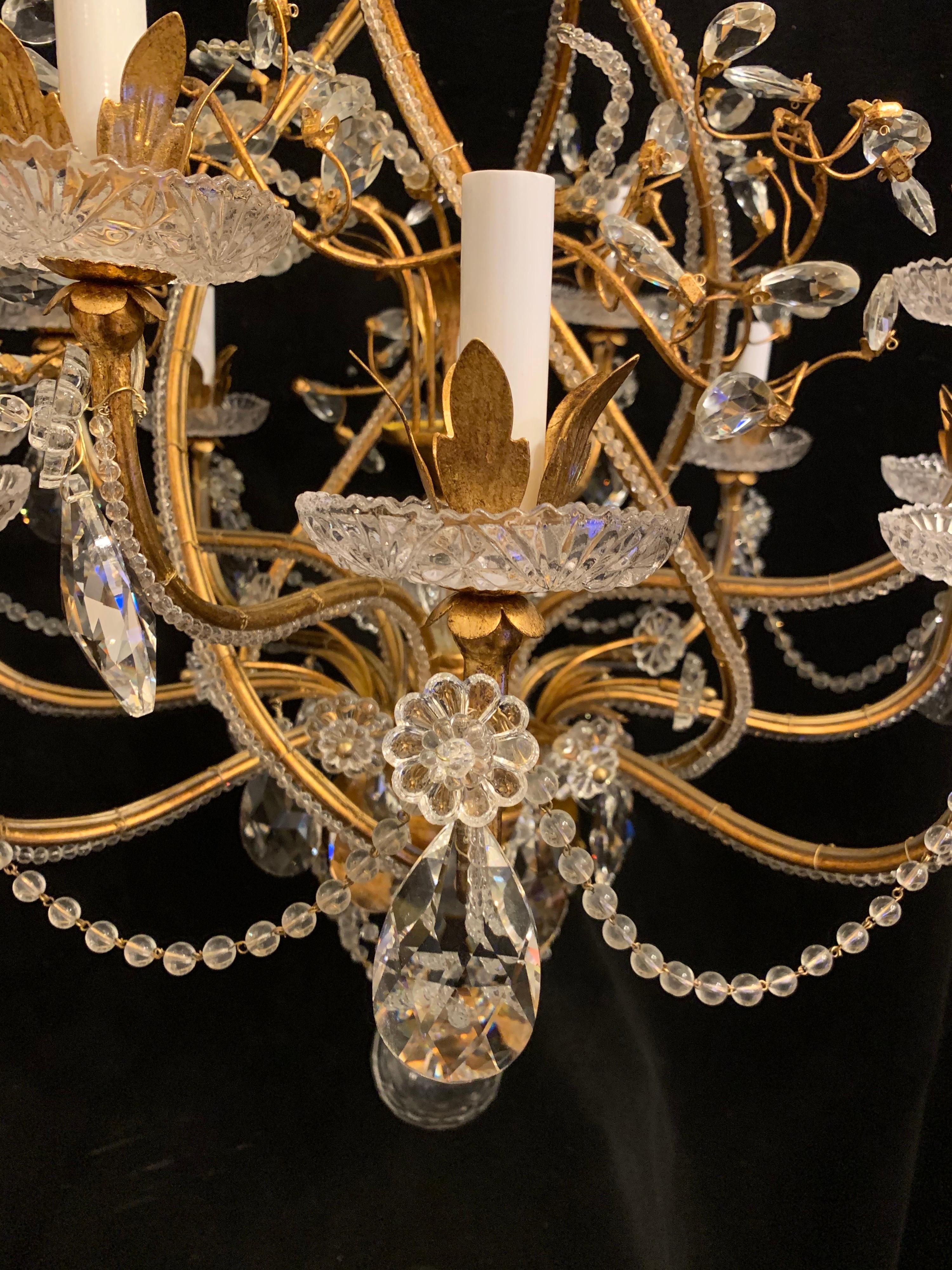 20th Century Fine Transitional Baguès Jansen 12-Light Gilt Crystal Flower Spiral Chandelier For Sale