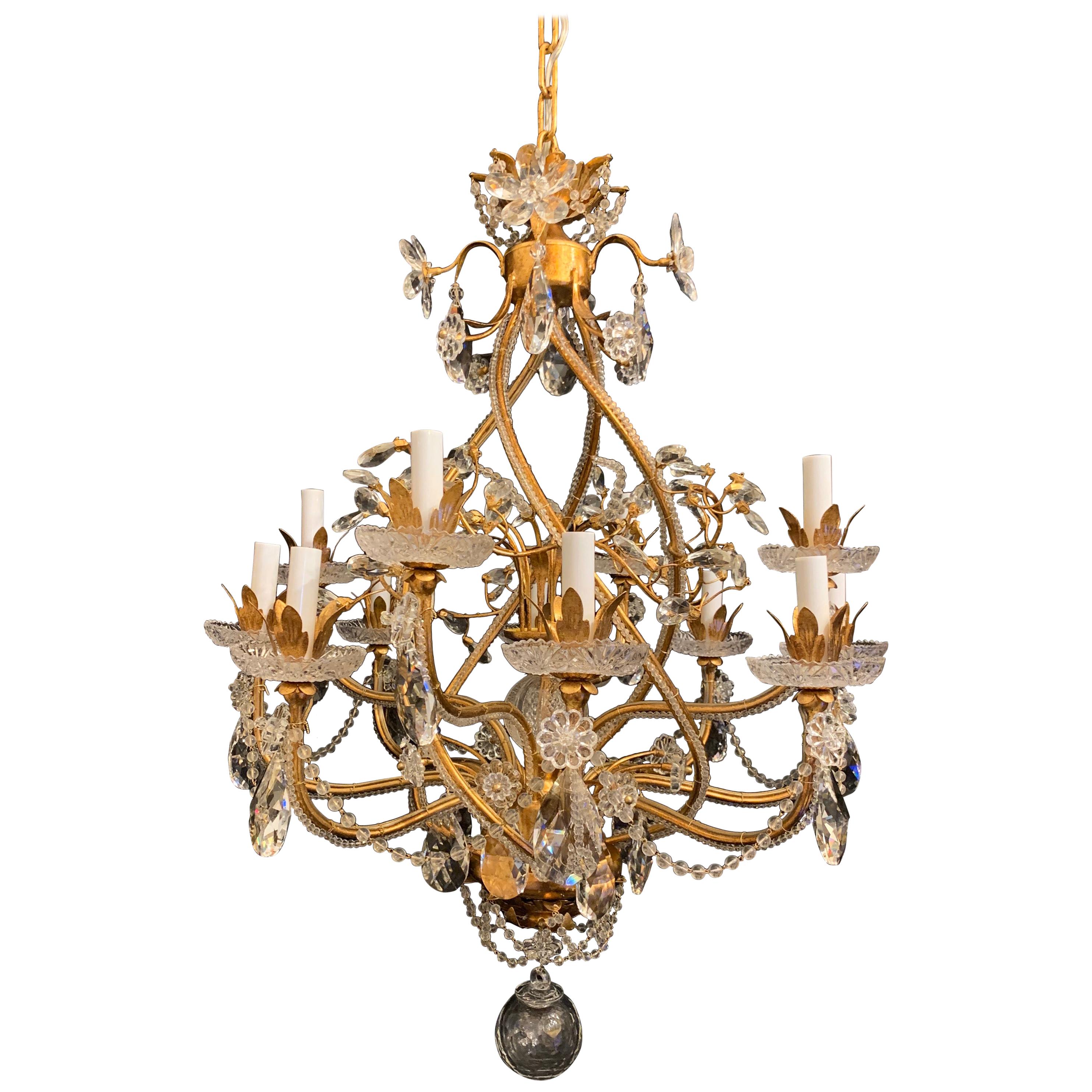 Fine Transitional Baguès Jansen 12-Light Gilt Crystal Flower Spiral Chandelier For Sale