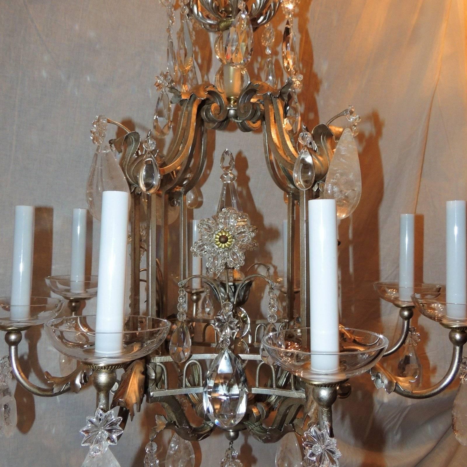 Fine Transitional Pagoda Bagues Jansen Eight-Light Gilt Rock Crystal Chandelier In Good Condition For Sale In Roslyn, NY