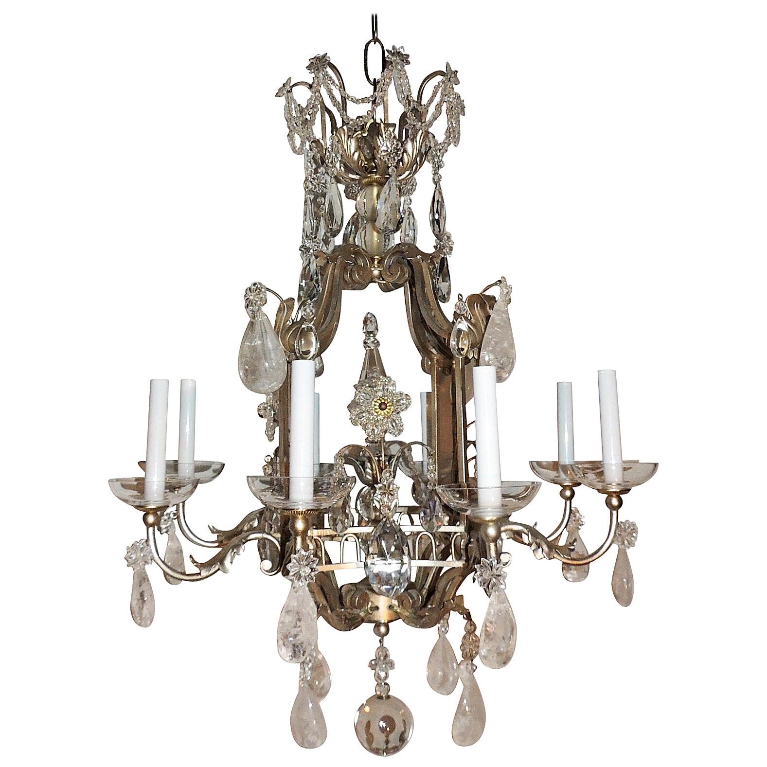 Fine Transitional Pagoda Bagues Jansen Eight-Light Gilt Rock Crystal Chandelier For Sale