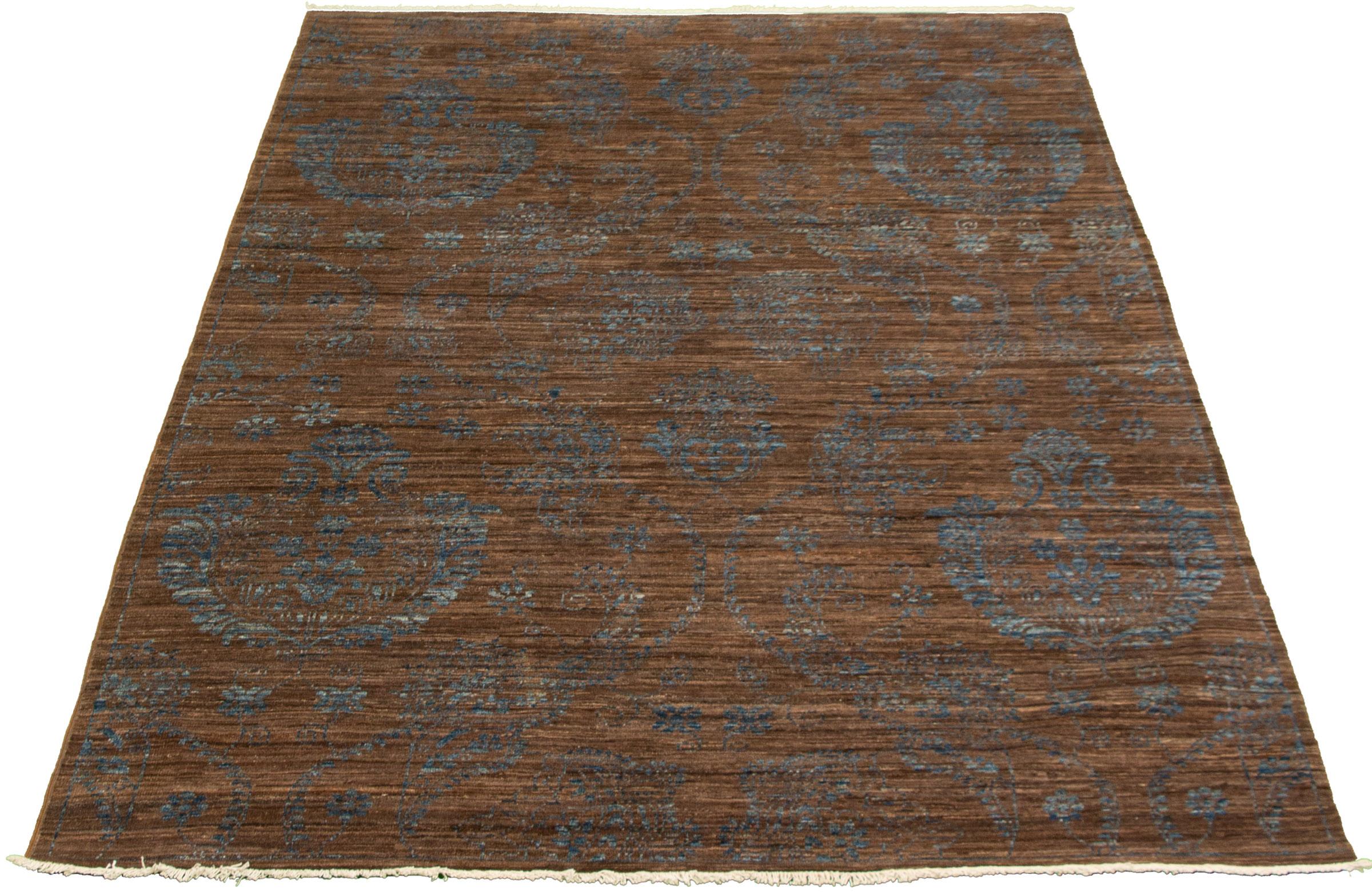 Arts and Crafts Hand-Knotted Wool Persian Rug, Blue and Brown, 6’ x 9’ For Sale