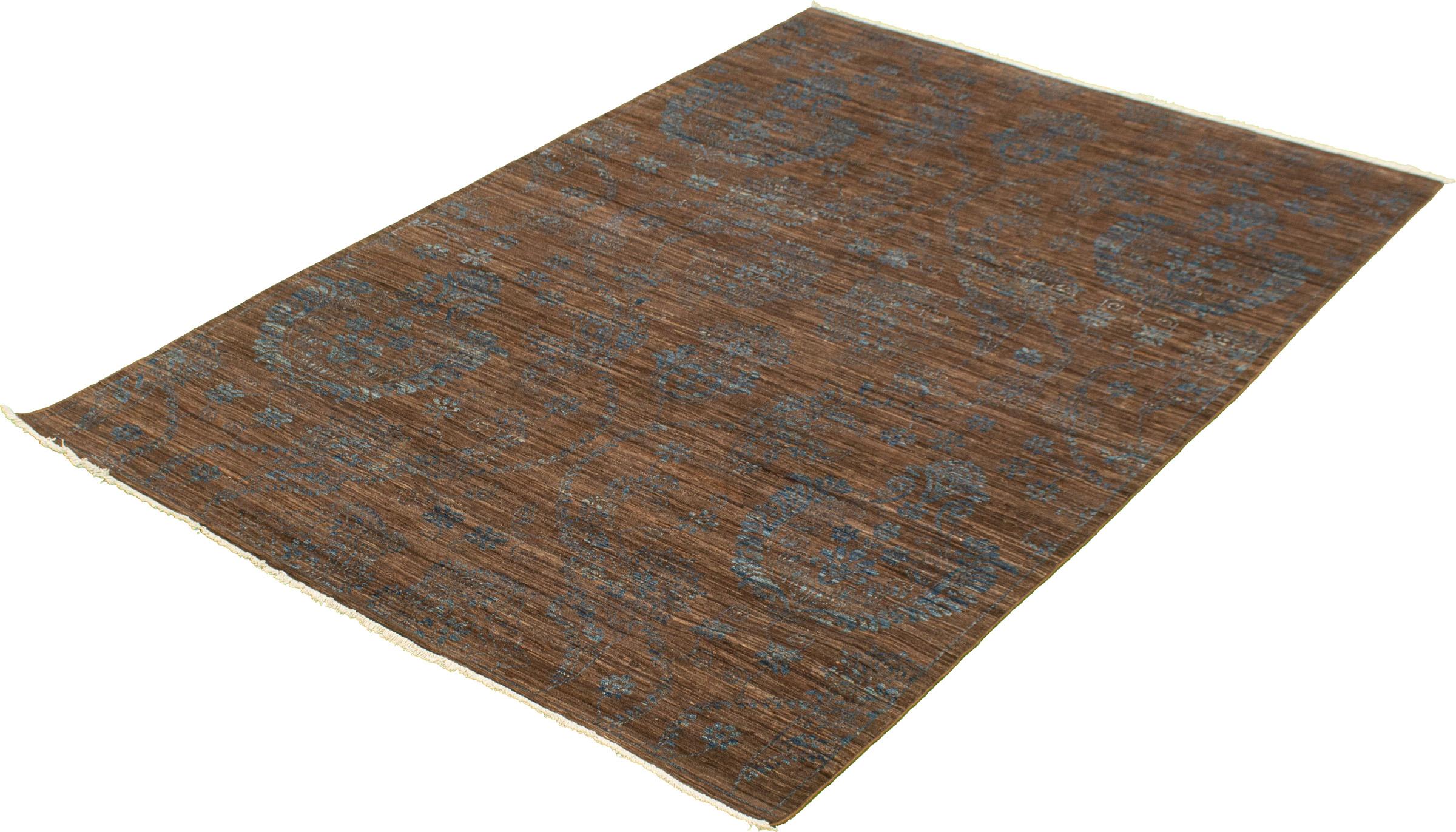 Vegetable Dyed Hand-Knotted Wool Persian Rug, Blue and Brown, 6’ x 9’ For Sale