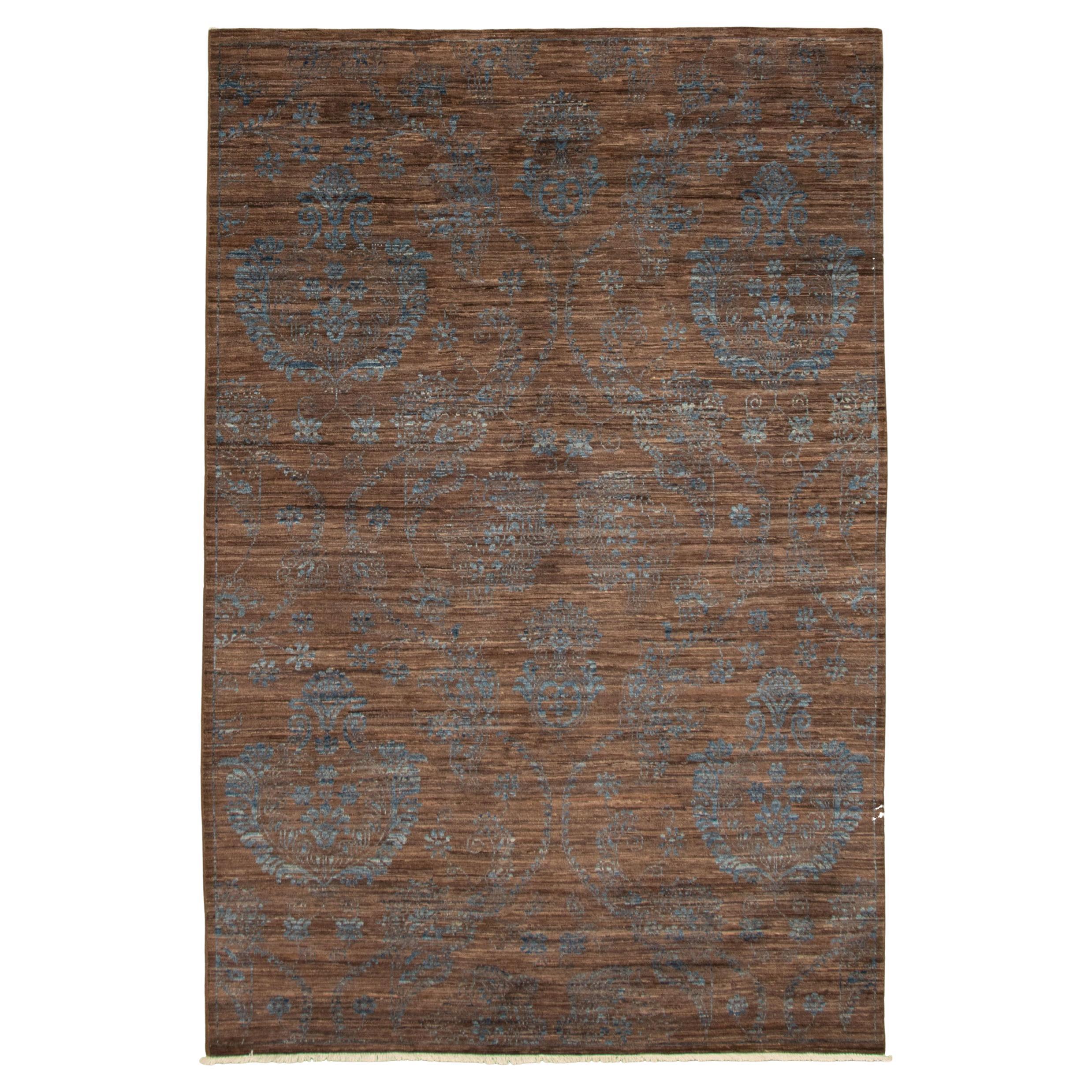 Hand-Knotted Wool Persian Rug, Blue and Brown, 6’ x 9’