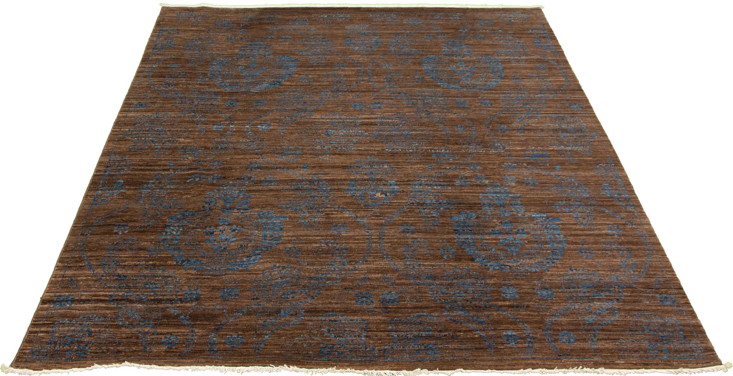 Modern Hand-Knotted Wool Blue and Brown Persian Rug, 8’ x 10’ For Sale