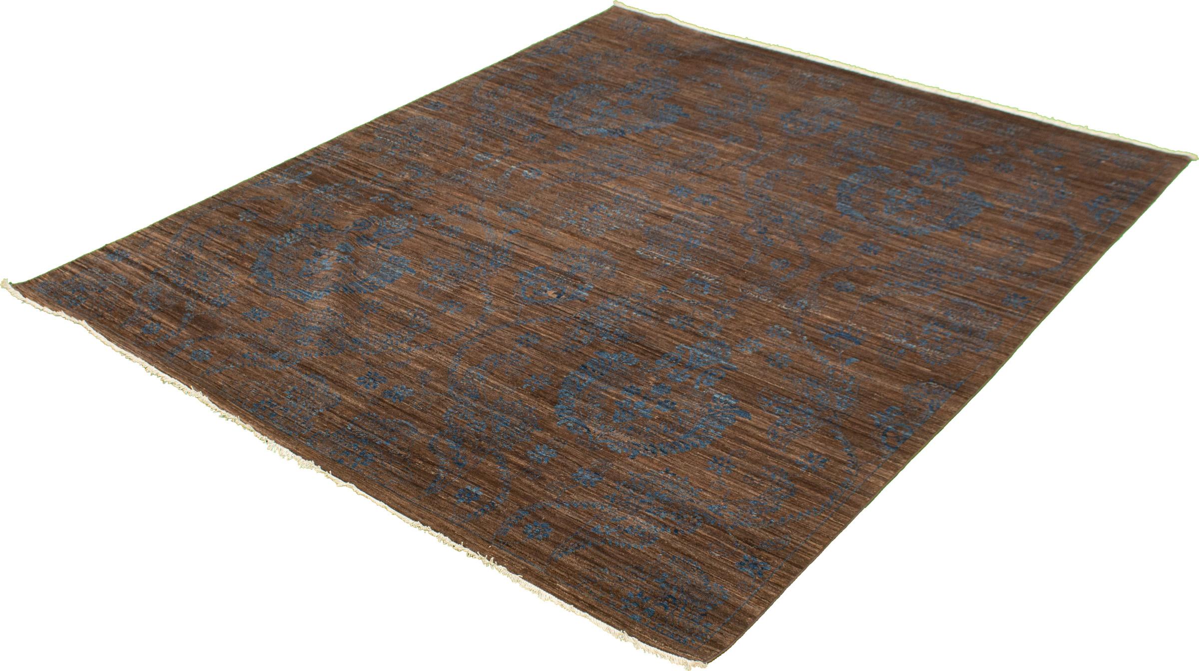 Vegetable Dyed Hand-Knotted Wool Blue and Brown Persian Rug, 8’ x 10’ For Sale