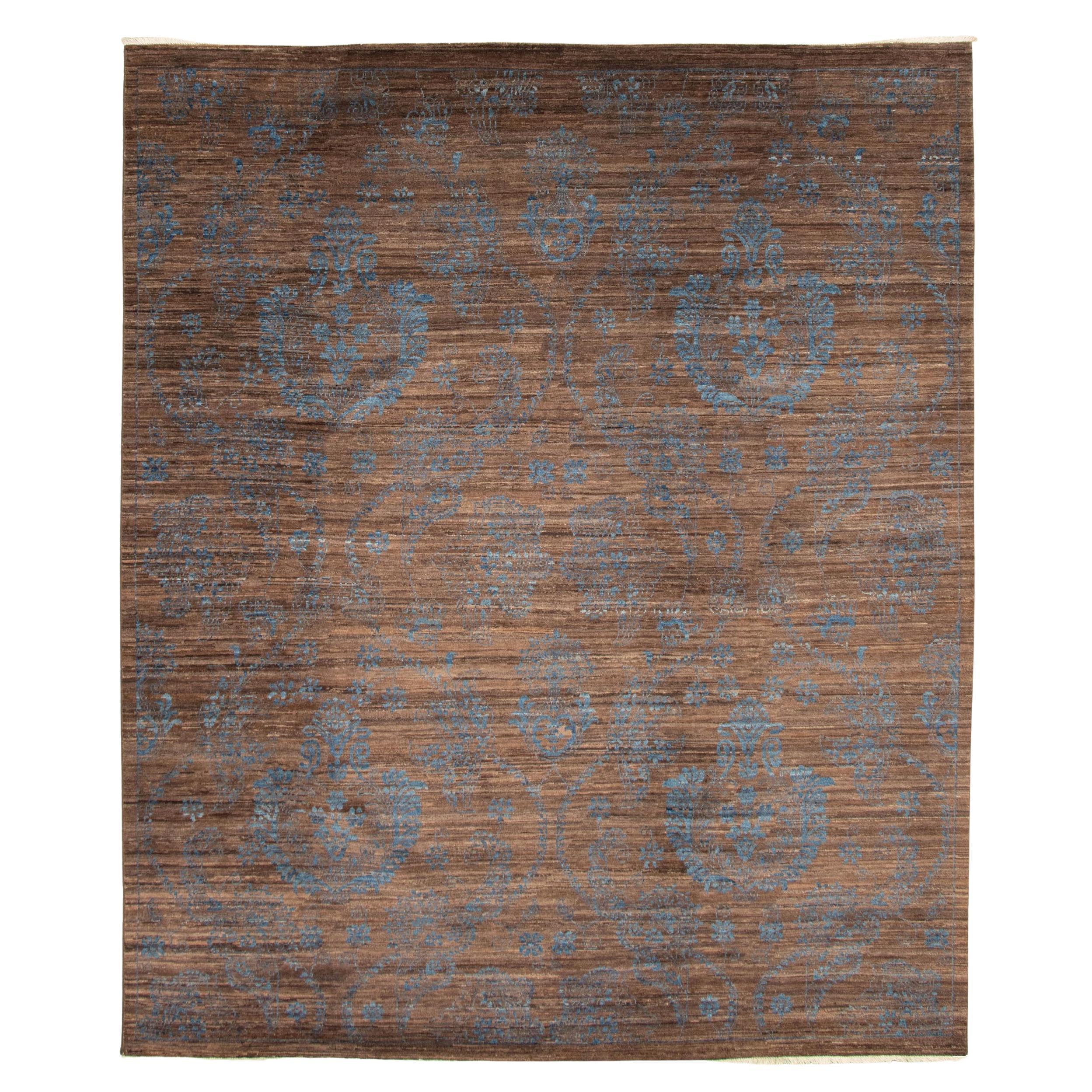 Modern Wool Blue and Brown Persian Rug, 8’ x 10’ For Sale