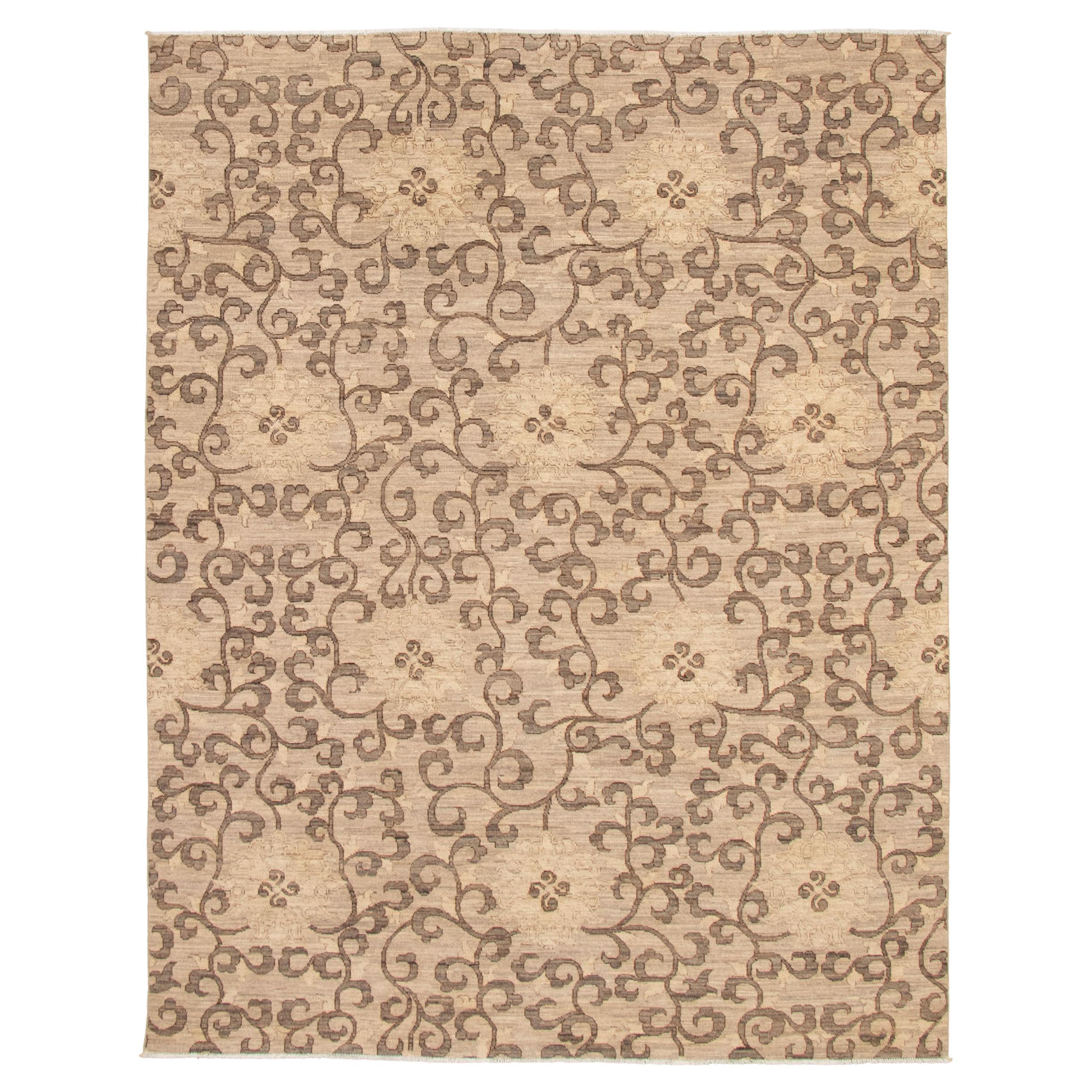 Hand-Knotted Transitional Wool Persian Rug, Neutral Flower Motifs, 8' x 10'