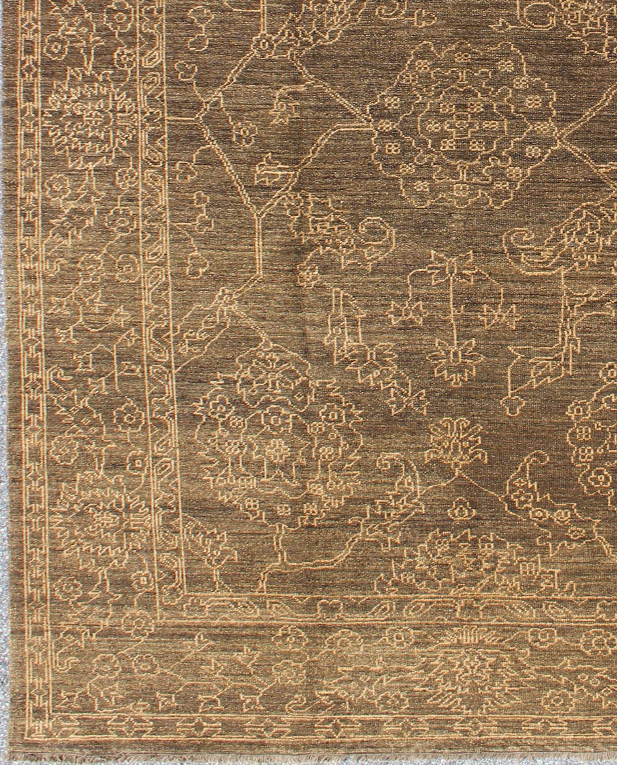 Modern Fine Transitional Rug with Stylized Geometric Motifs in Brown and Light Tan For Sale
