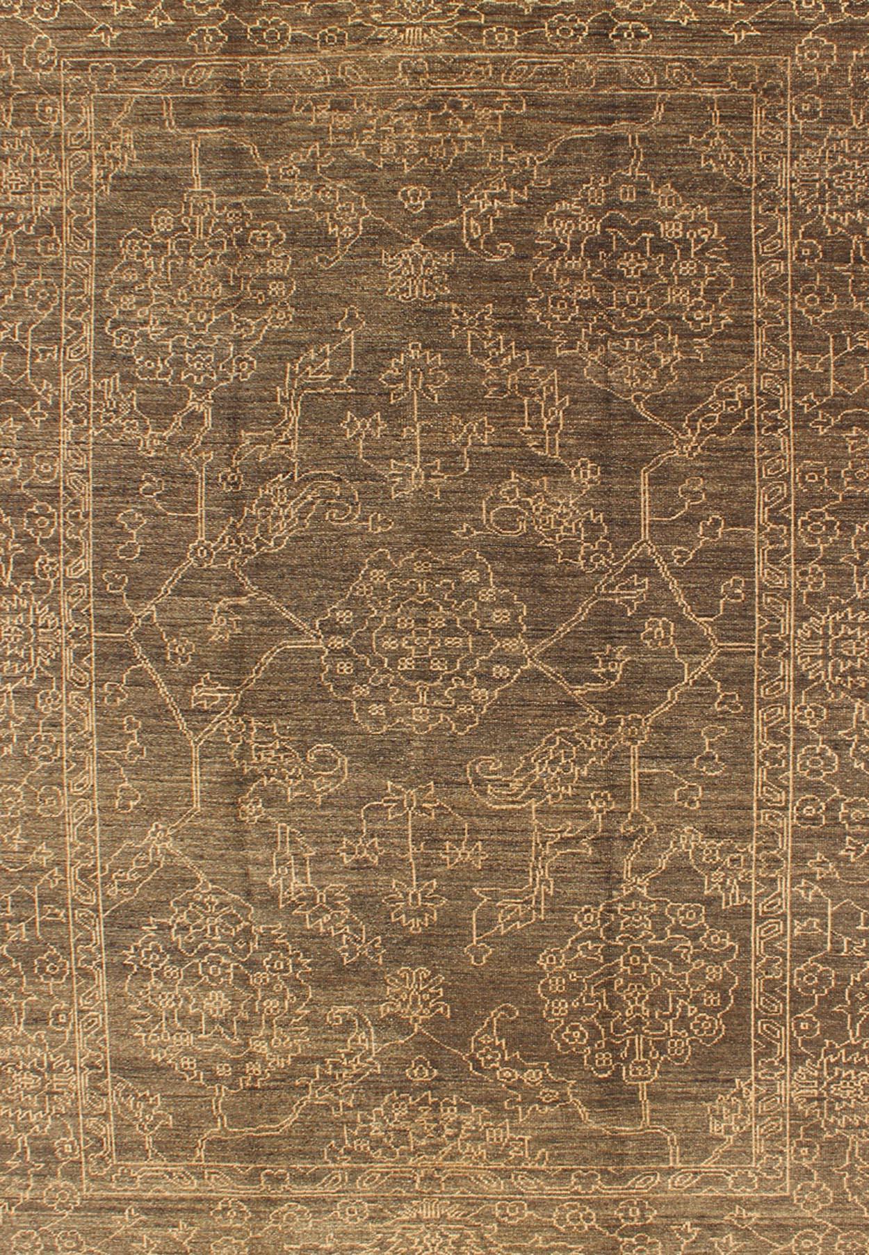 Turkish Fine Transitional Rug with Stylized Geometric Motifs in Brown and Light Tan For Sale