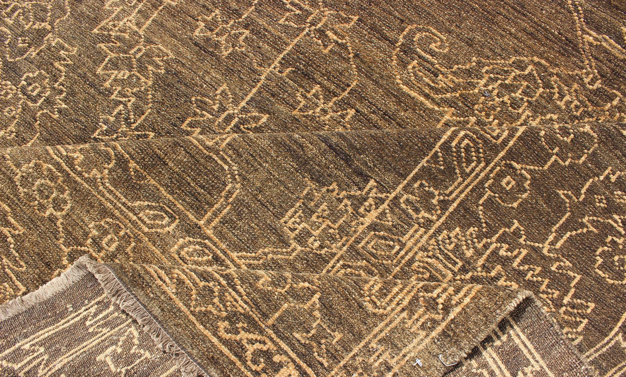 Hand-Knotted Fine Transitional Rug with Stylized Geometric Motifs in Brown and Light Tan For Sale