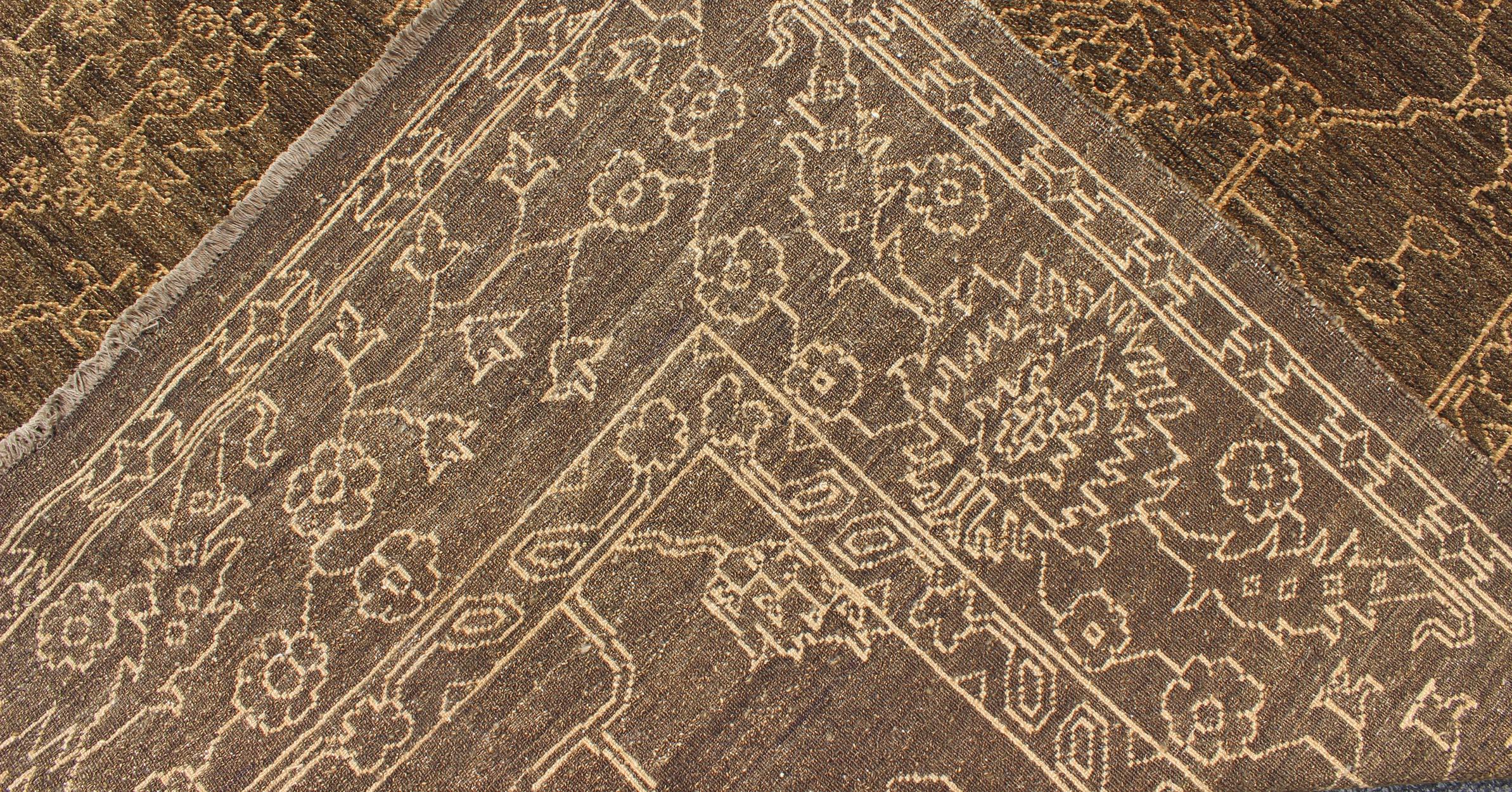 Wool Fine Transitional Rug with Stylized Geometric Motifs in Brown and Light Tan For Sale