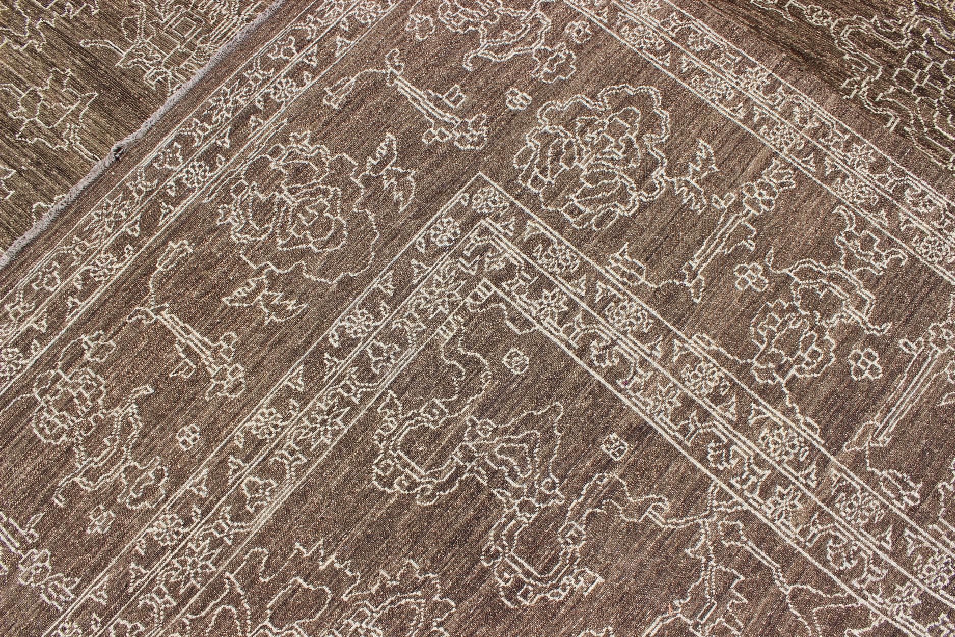 Oushak Fine Transitional Rug with Stylized Geometric Motifs in Brown & Tan For Sale