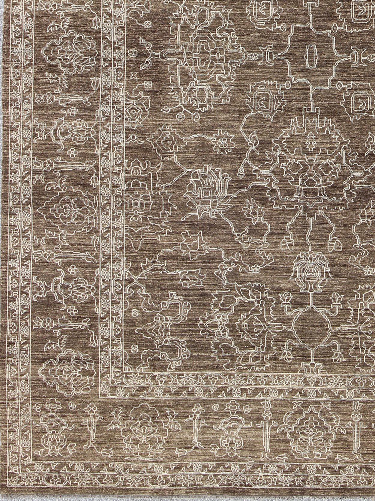 Turkish Fine Transitional Rug with Stylized Geometric Motifs in Brown & Tan For Sale