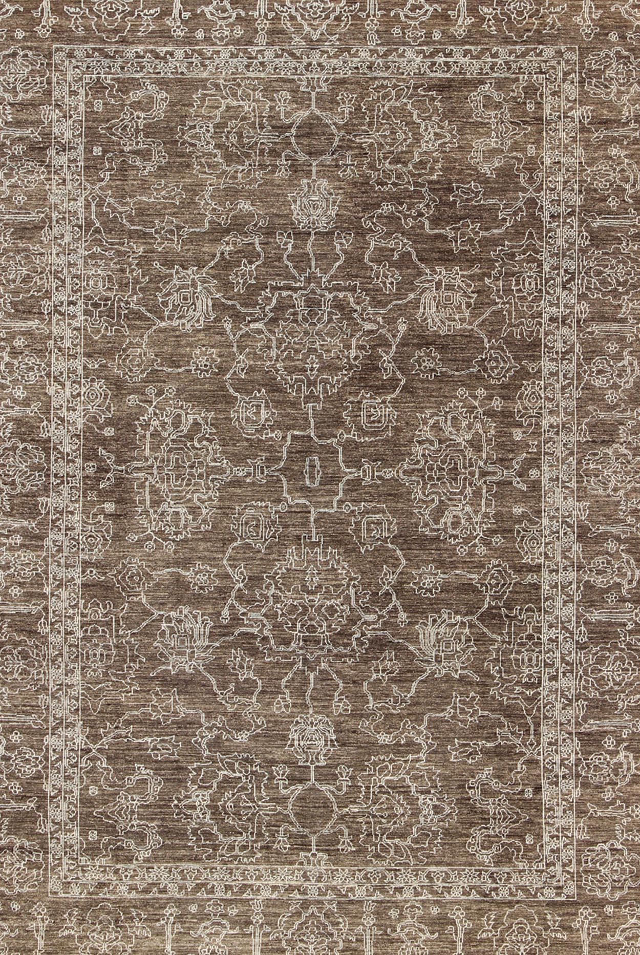Hand-Knotted Fine Transitional Rug with Stylized Geometric Motifs in Brown & Tan For Sale