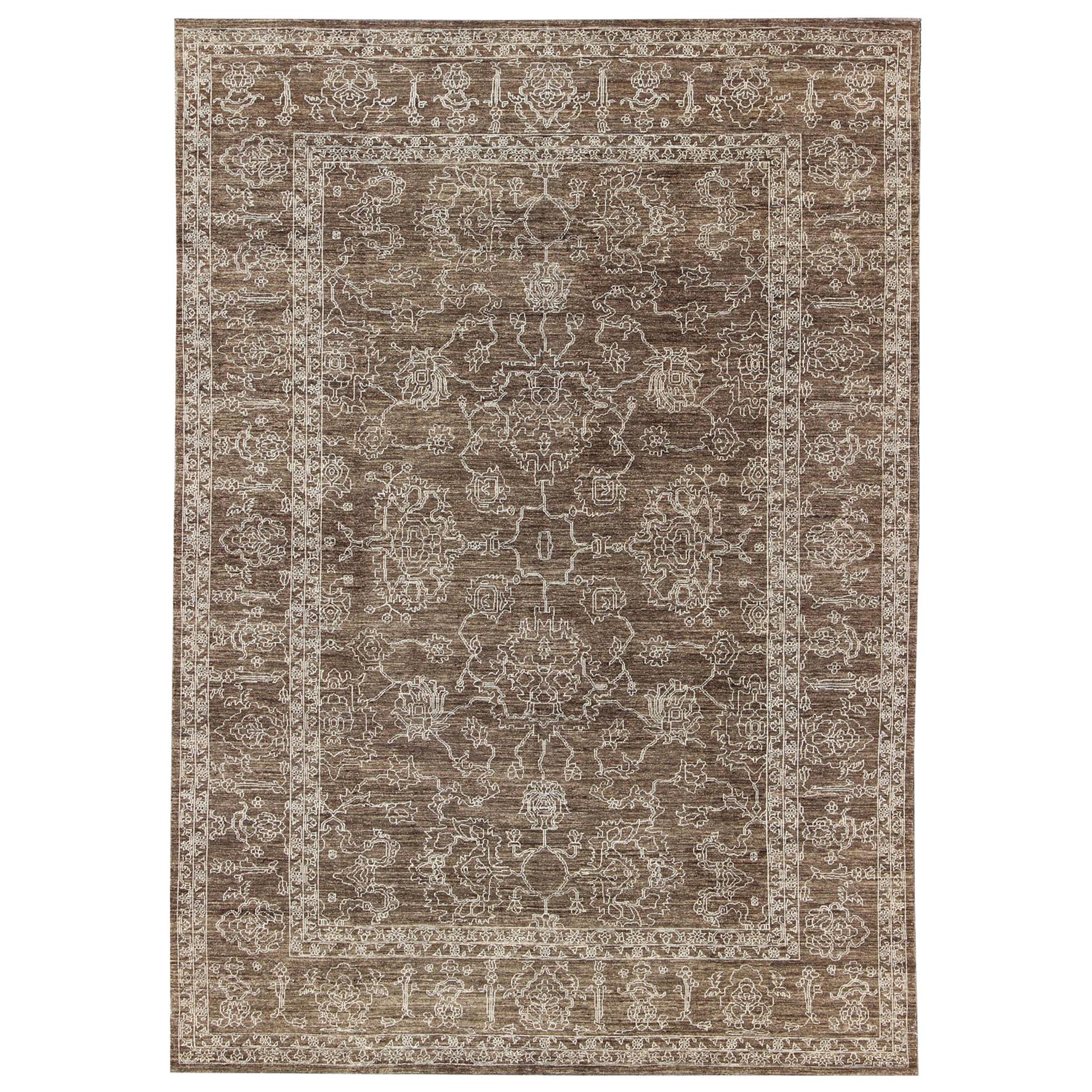 Fine Transitional Rug with Stylized Geometric Motifs in Brown & Tan For Sale
