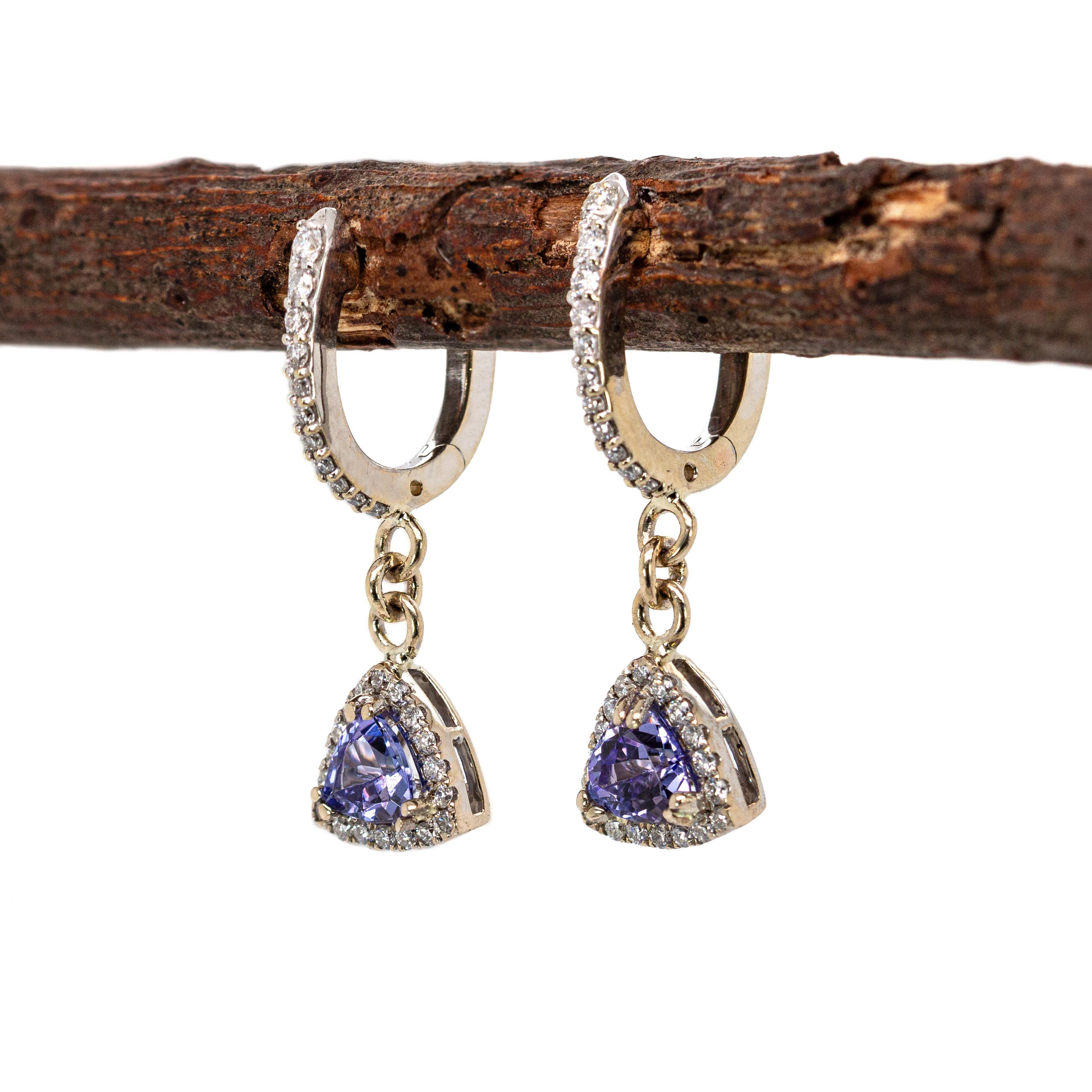 Trillion Cut Fine Trillion Tanzanite Earrings with Natural Diamonds in 14K White Gold For Sale