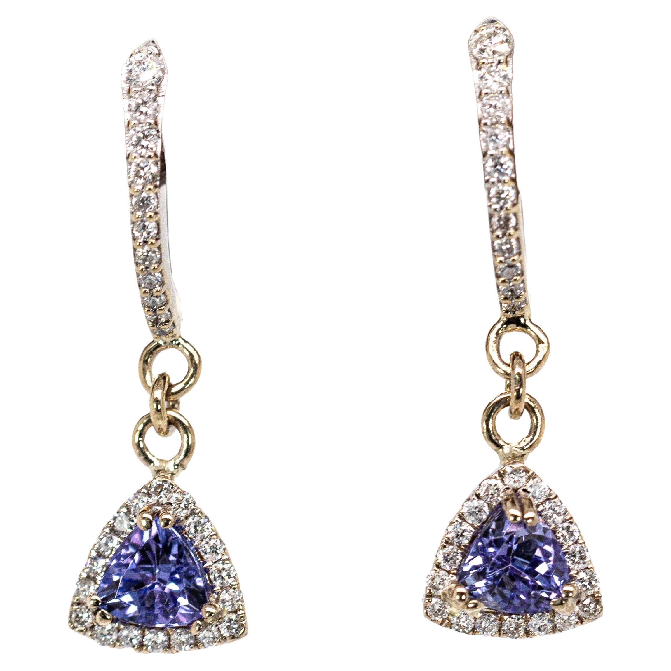 Fine Trillion Tanzanite Earrings with Natural Diamonds in 14K White Gold For Sale
