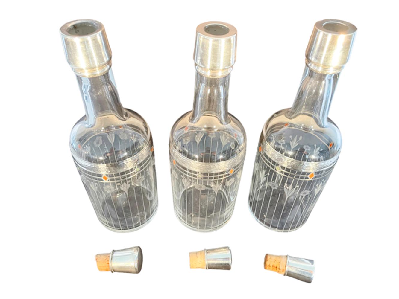 Fine Trio of American Silver Overlay and Etched Art Deco Back Bar Bottles In Good Condition In Nantucket, MA