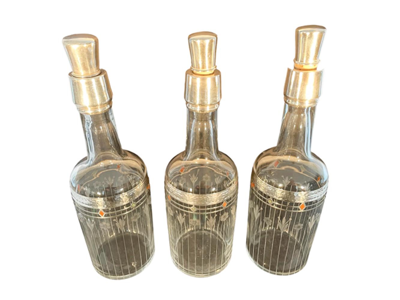 20th Century Fine Trio of American Silver Overlay and Etched Art Deco Back Bar Bottles