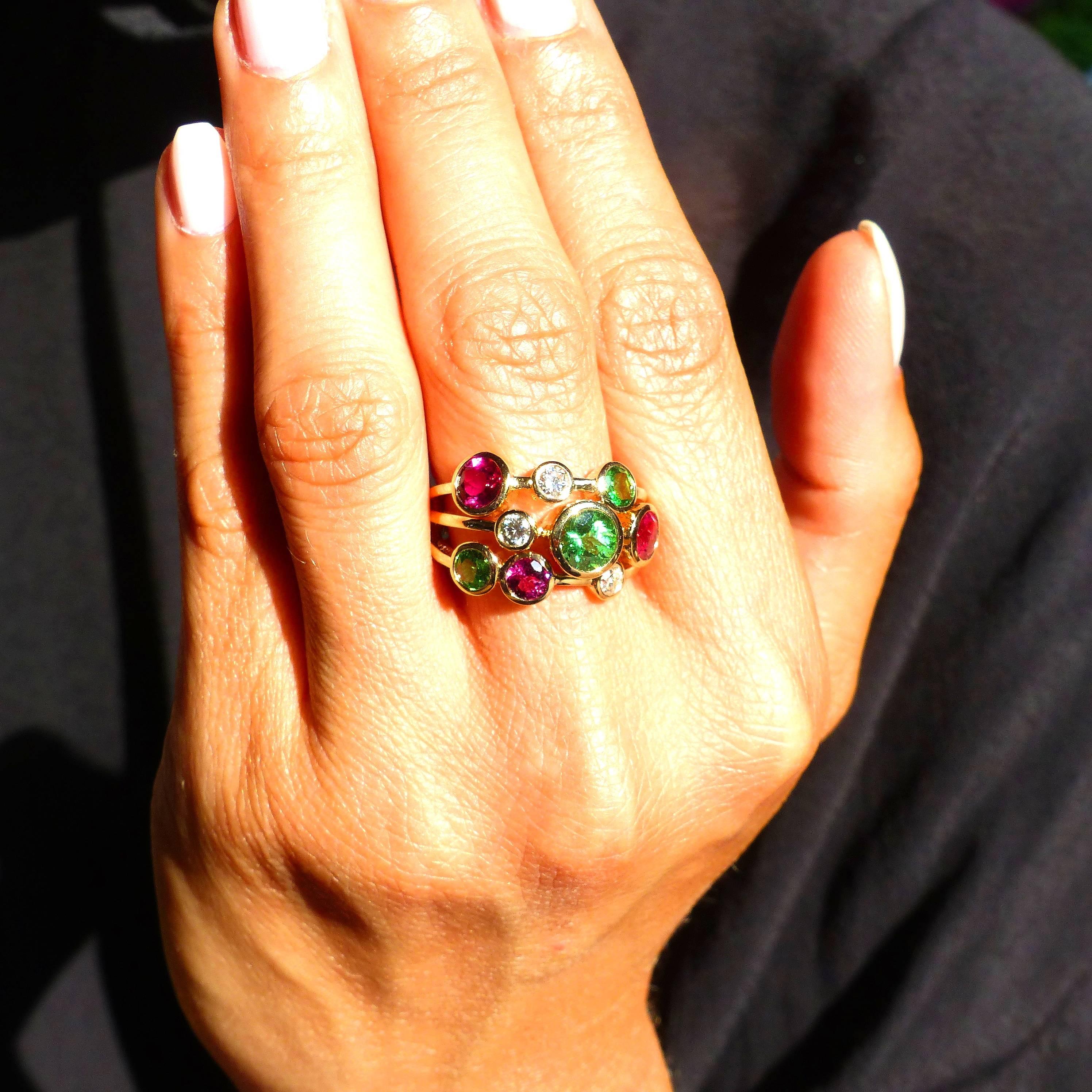 Round Cut Ring in Rose Gold with Tsavorite and Rubelites and Diamonds. For Sale