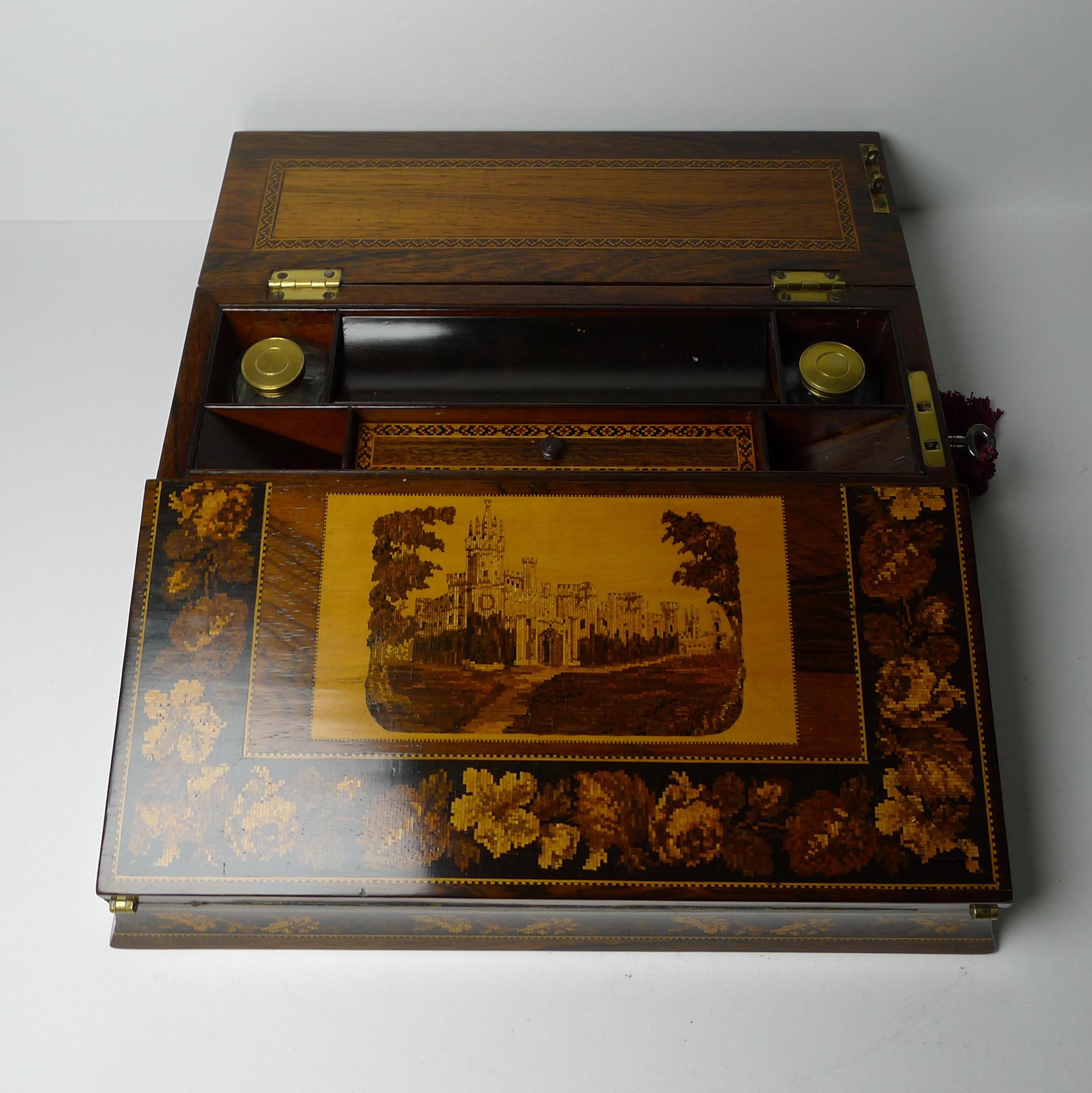 Tunbridge Ware Schreibtischschachtel / Lap Desk - Eridge Castle c.1870 im Angebot 4