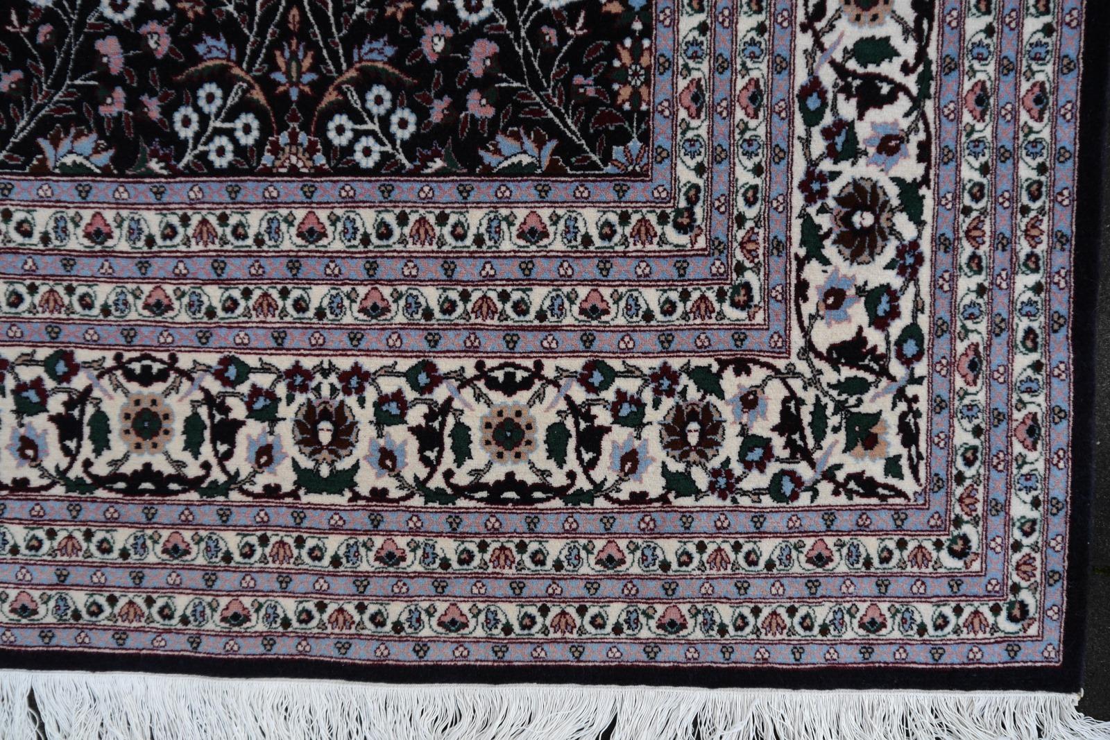 Hand-Knotted Fine Turkish Hereke Rug Large Room Size Black Creme Blue Floral All-Over Design