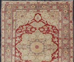 Fine Turkish Oushak Carpet with Center Medallion in Light Red and Cream